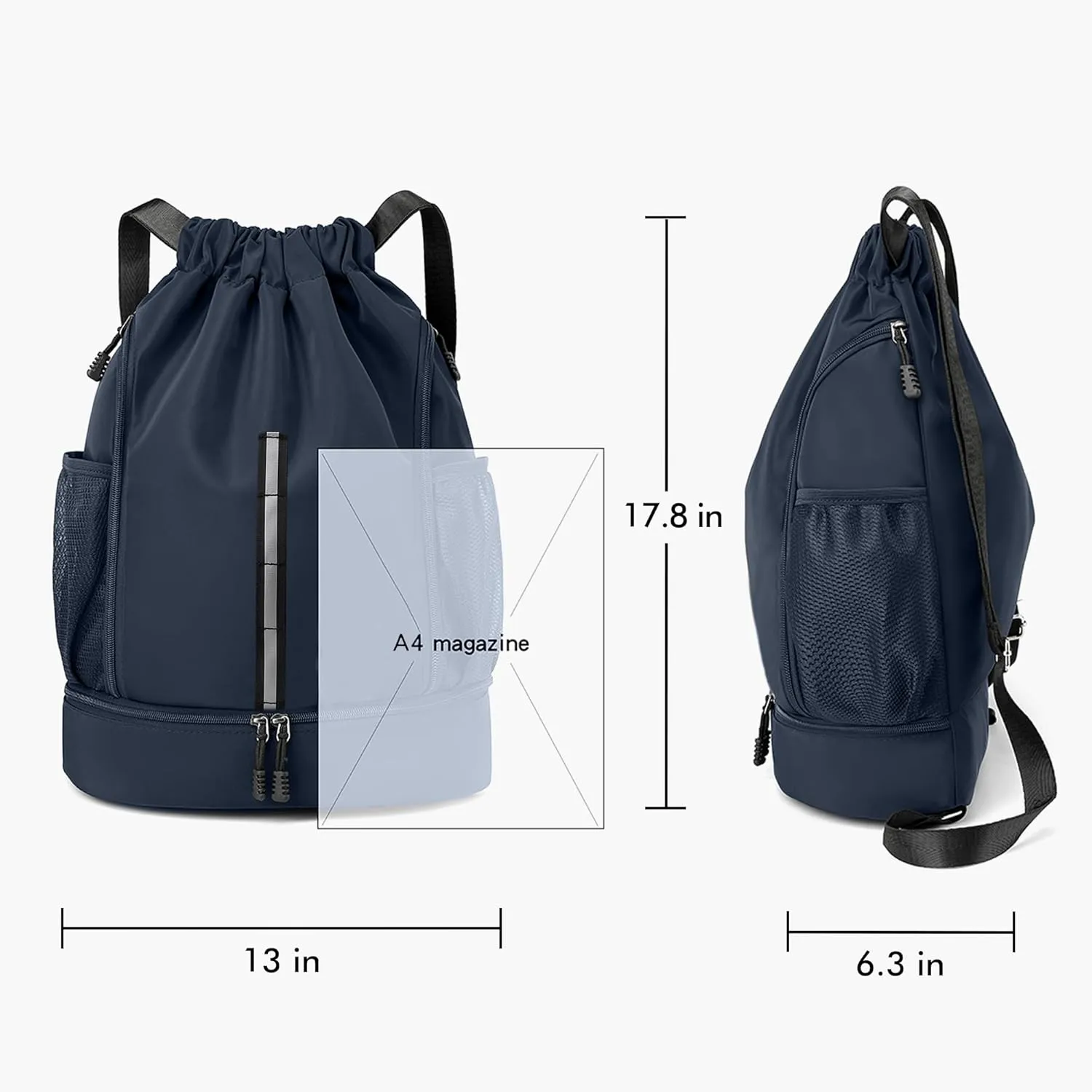 Sport Gym Bag Water Resistant Drawstring Backpack for Men Women with Shoes Compartment (Dark blue)