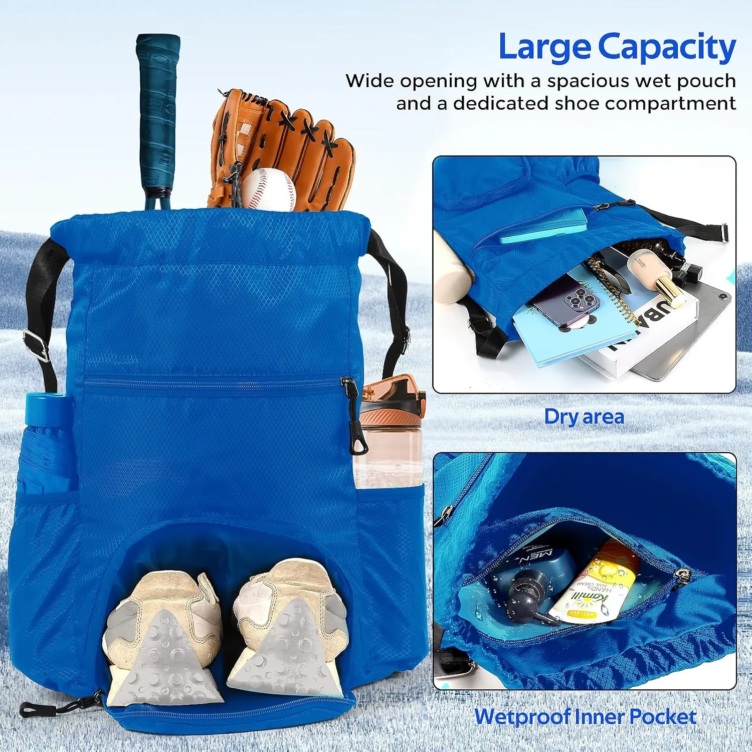 Sports Drawstring Backpack Gym Sack with Shoe Compartment, Durable Oxford Fabric, Wet-Proof Pocket, Water-Resistant Cinch Bag for Men & Women, Foldable & Spacious Athletic Sackpack for Travel Fitness