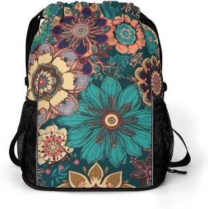 Sports Drawstring Backpack,Bohemian Flower String Swim Gym Bag with Shoes Compartment Gym Drawstring Bag