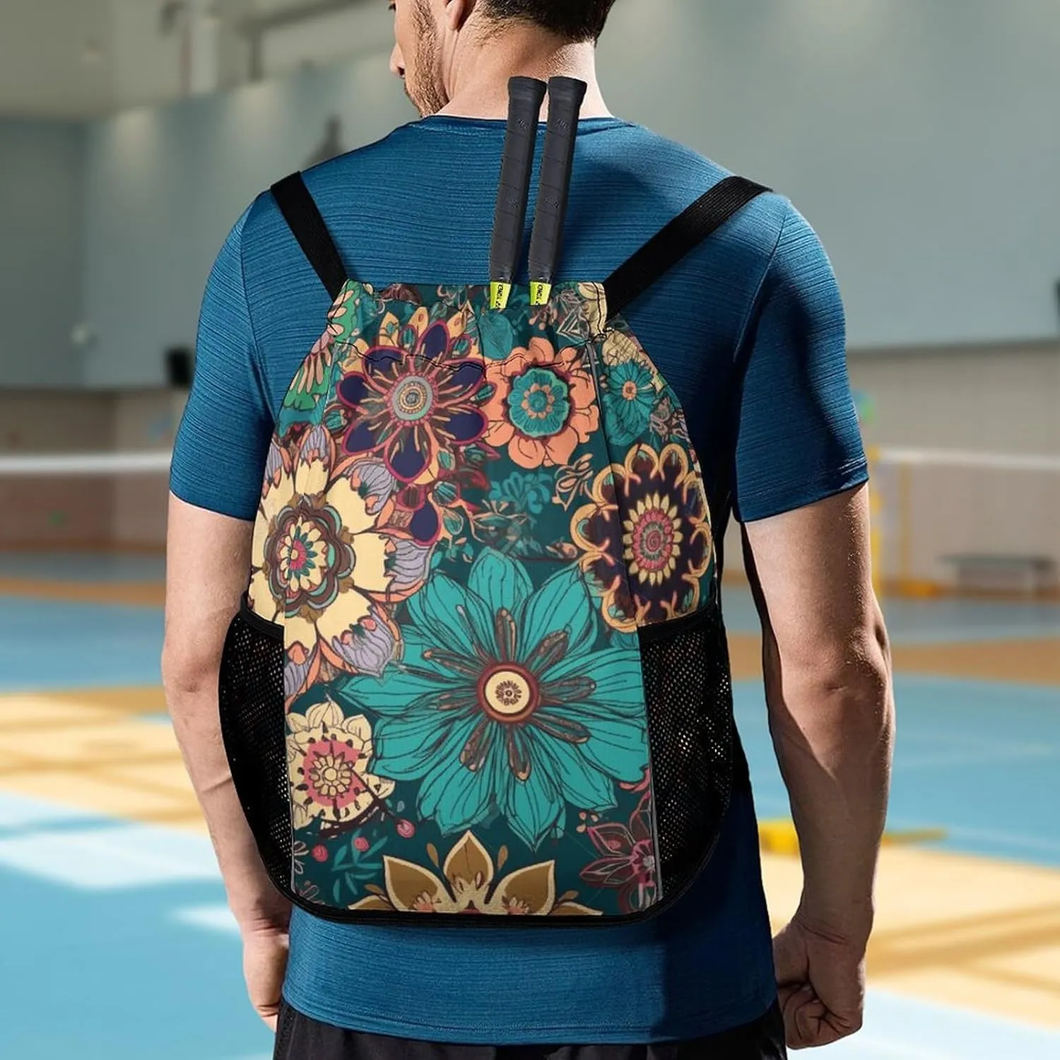 Sports Drawstring Backpack,Bohemian Flower String Swim Gym Bag with Shoes Compartment Gym Drawstring Bag