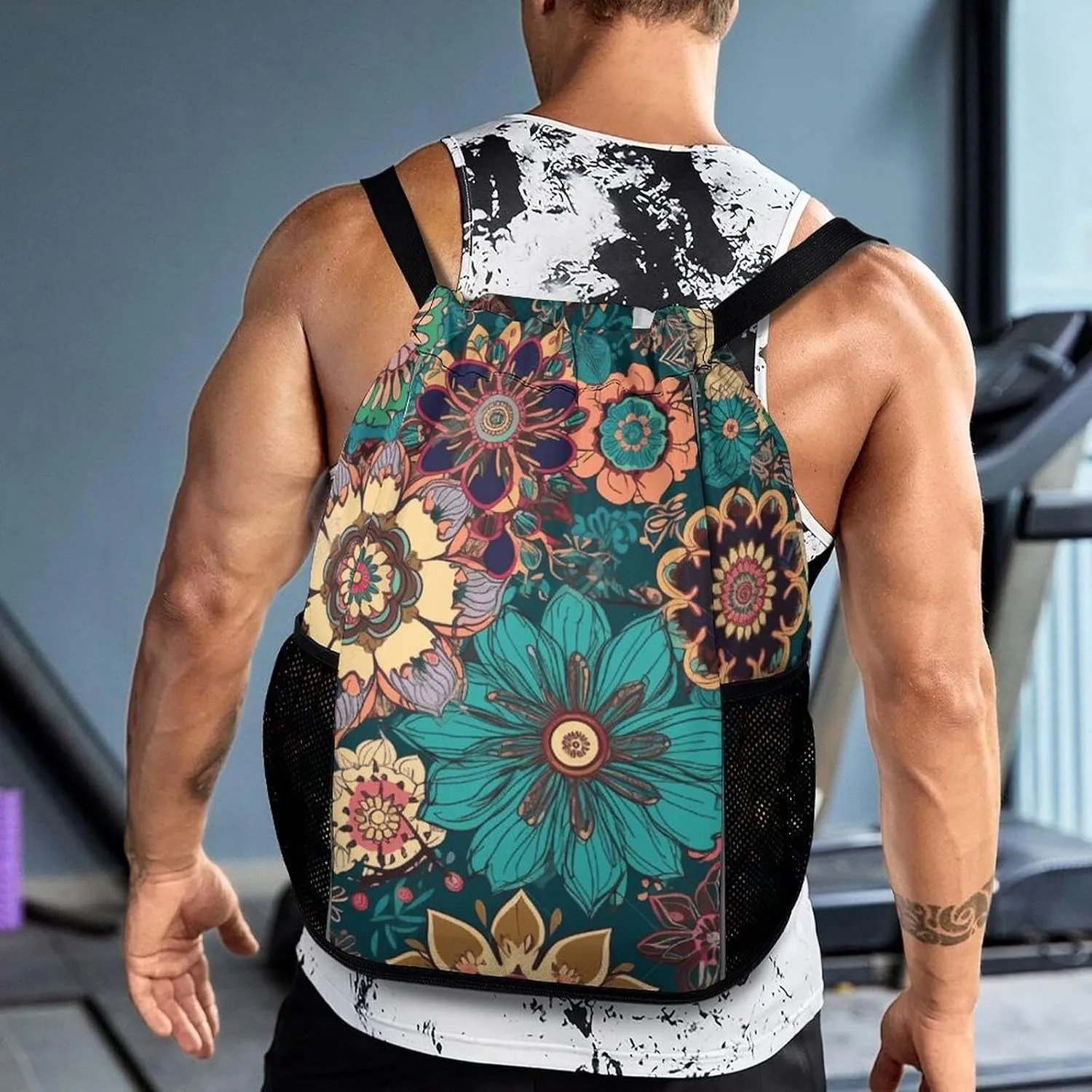 Sports Drawstring Backpack,Bohemian Flower String Swim Gym Bag with Shoes Compartment Gym Drawstring Bag