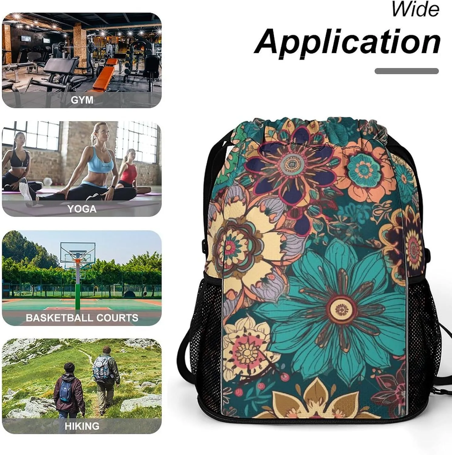 Sports Drawstring Backpack,Bohemian Flower String Swim Gym Bag with Shoes Compartment Gym Drawstring Bag
