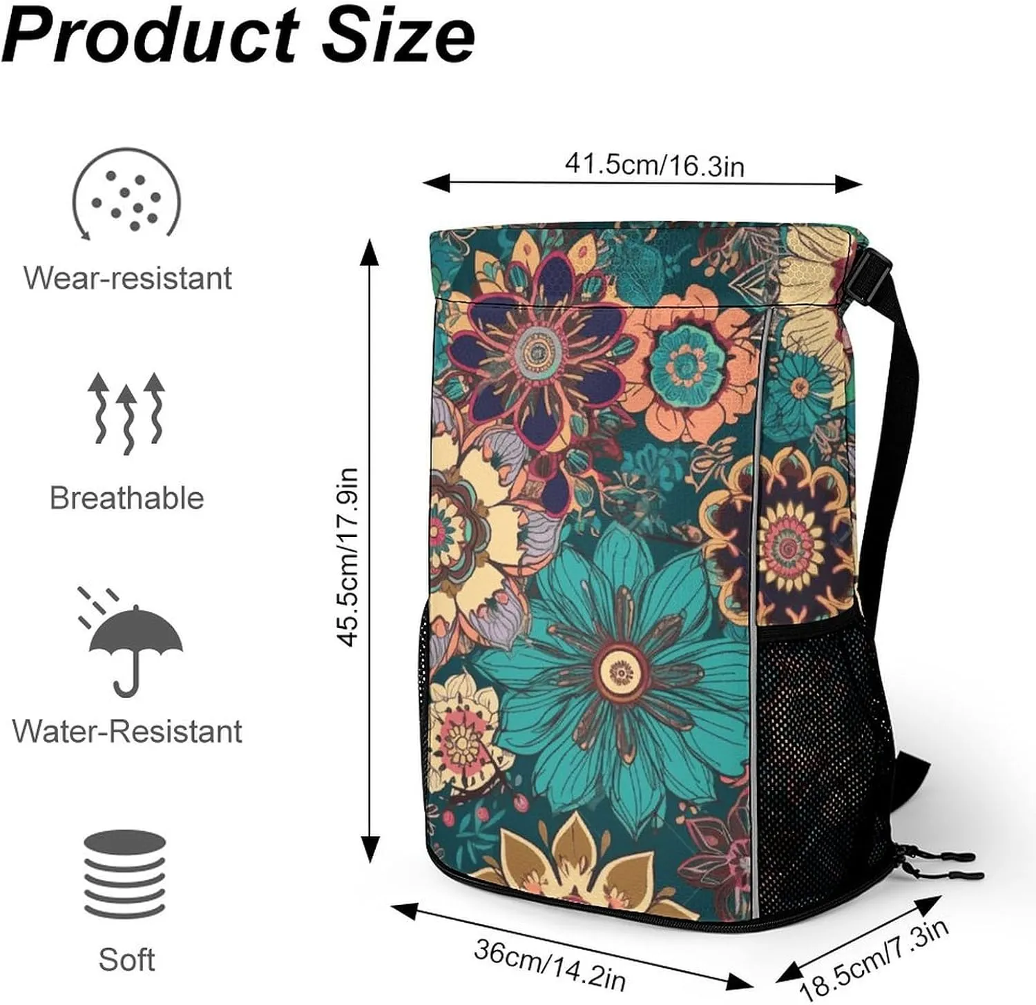 Sports Drawstring Backpack,Bohemian Flower String Swim Gym Bag with Shoes Compartment Gym Drawstring Bag