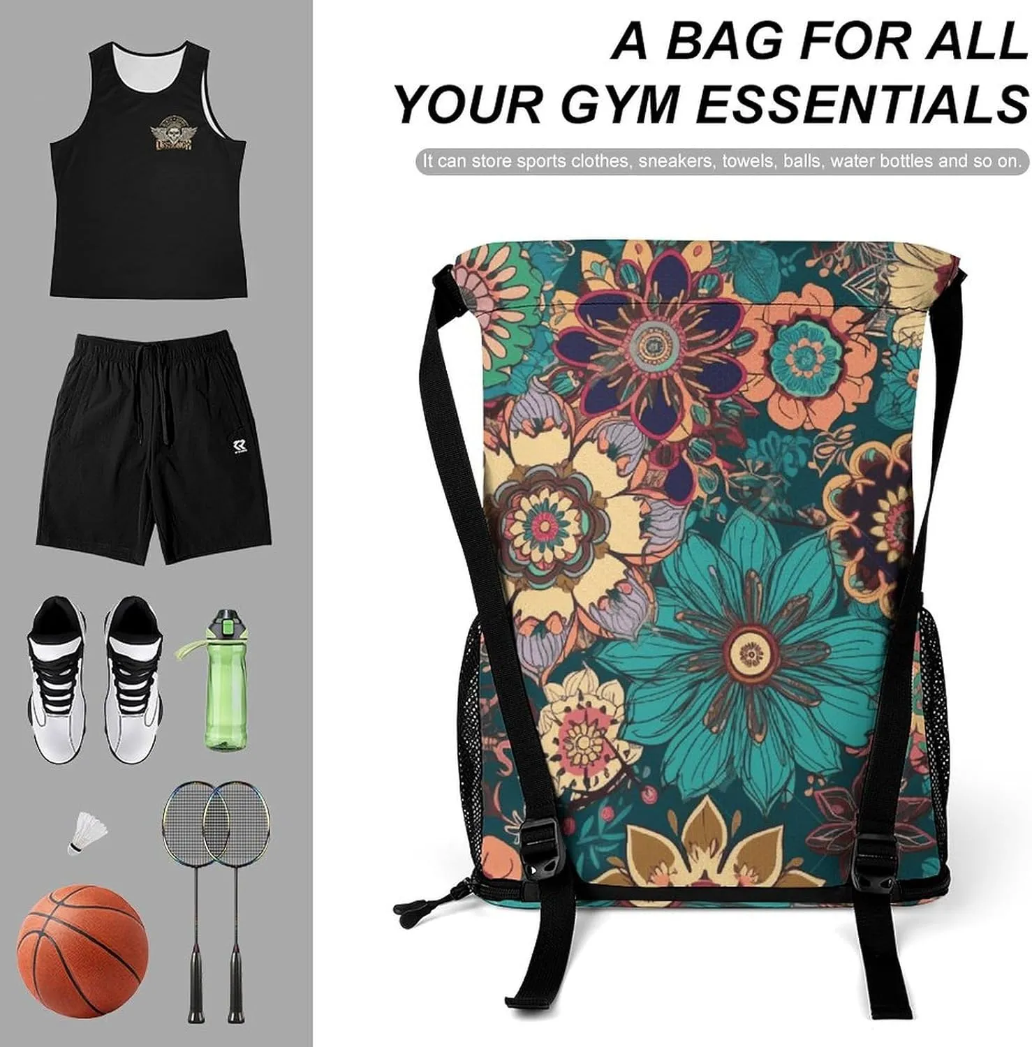 Sports Drawstring Backpack,Bohemian Flower String Swim Gym Bag with Shoes Compartment Gym Drawstring Bag