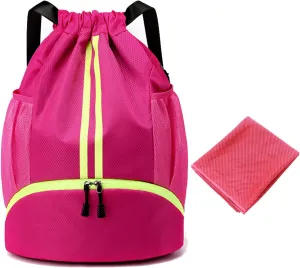 Sports Drawstring Backpack,Waterproof Drawstring Sports Bag Soccer Bag Swim Gym Bag for Men Women with Ball Shoes Compartment (Rose red)