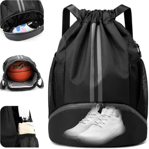 Sports Drawstring Gym Bag, Waterproof Drawstring Backpack with Side Mesh Pockets, Sport Bag with Shoes Compartment for Women Men - Black
