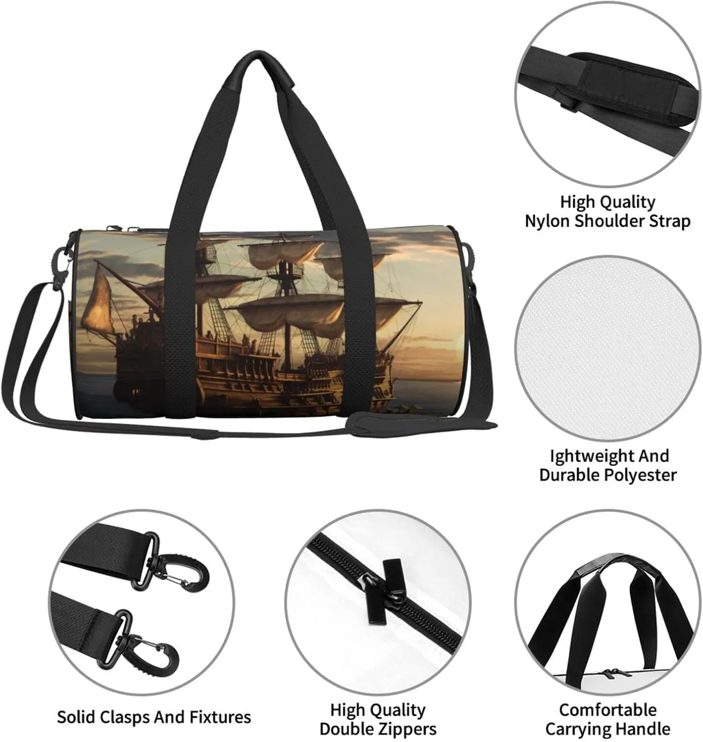 Sports Gym Bag for Women Men Travel Duffel Bag Tote Weekender Bag Carry on Overnight Bag for Travel Swimming Fitness Workout Sports Fantasy pirate ship Duffle Bag