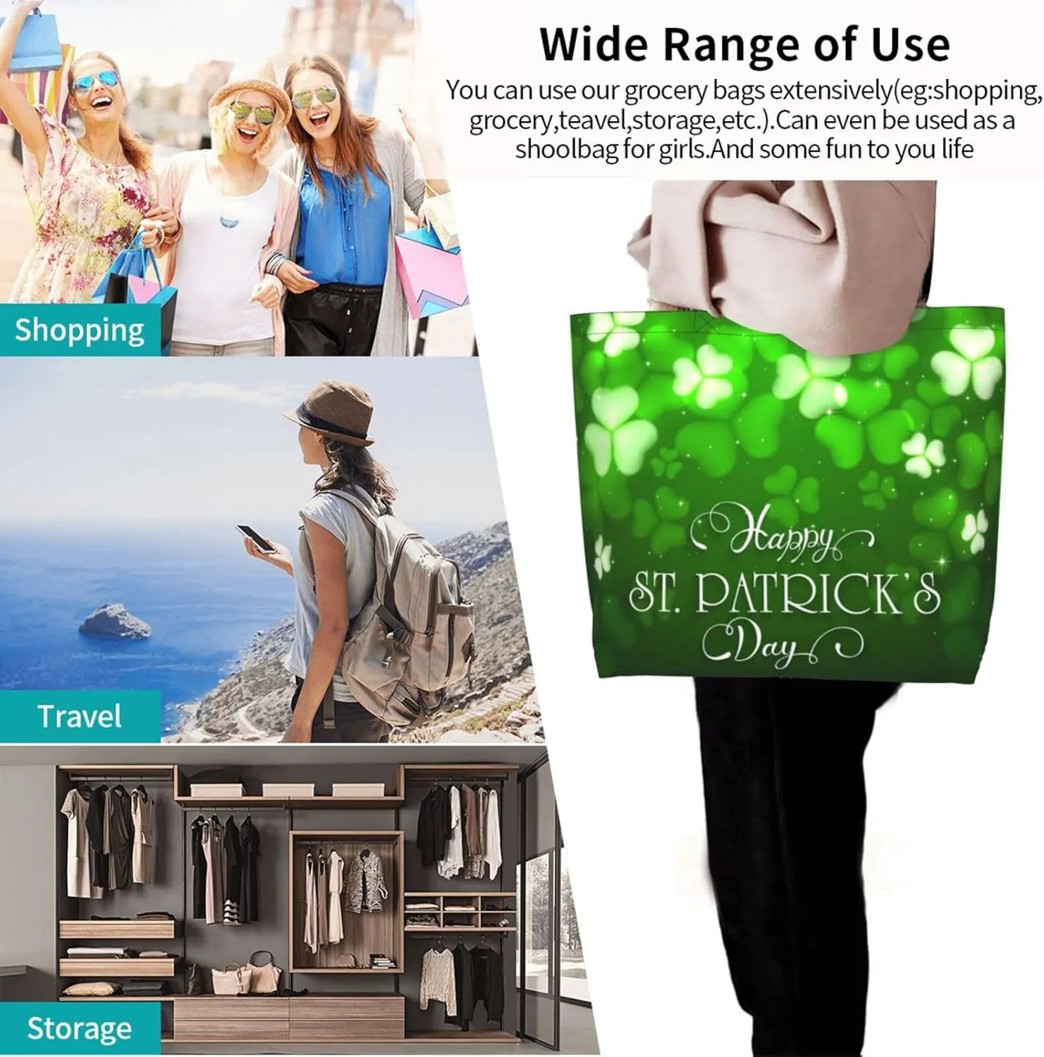 St. Patrick's Day Shamrock Clover Tote Grocery Bag Shoulder Casual Reusable Bag Large for Women Men