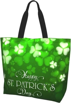 St. Patrick's Day Shamrock Clover Tote Grocery Bag Shoulder Casual Reusable Bag Large for Women Men