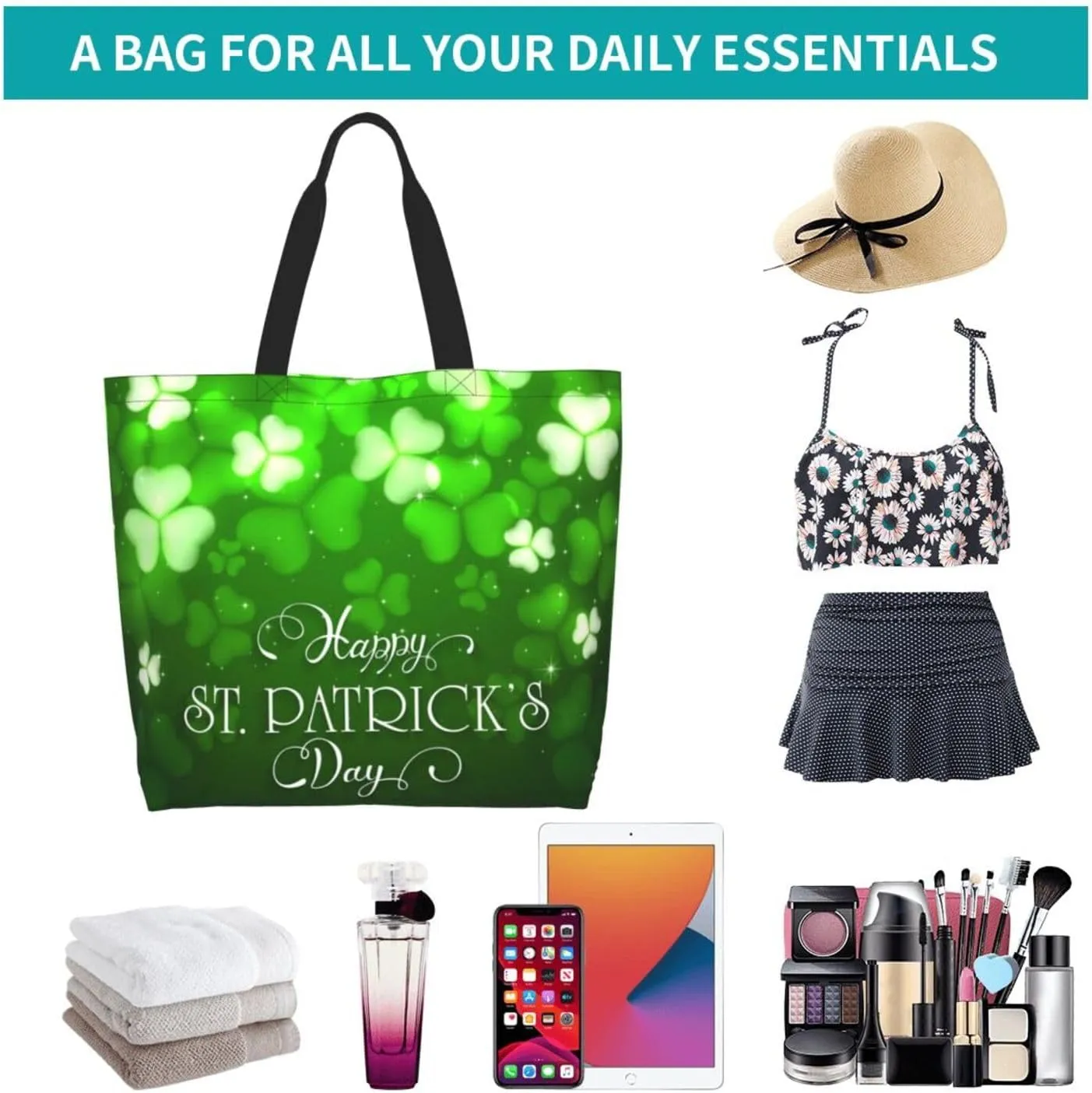 St. Patrick's Day Shamrock Clover Tote Grocery Bag Shoulder Casual Reusable Bag Large for Women Men
