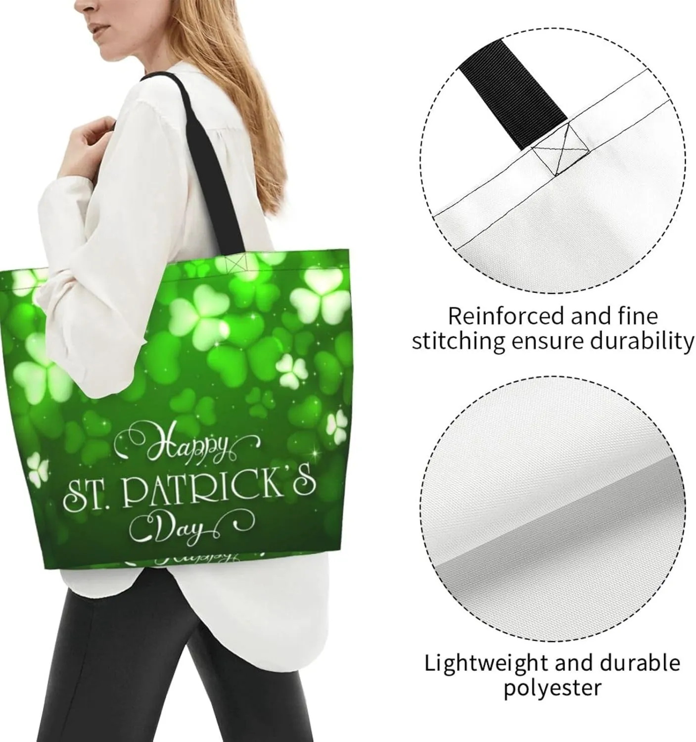 St. Patrick's Day Shamrock Clover Tote Grocery Bag Shoulder Casual Reusable Bag Large for Women Men