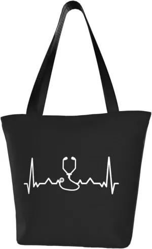 Stethoscope Heartbeat Doctor Nurse Women'S Casual One Shoulder Carry Shopping Bag Large Capacity Working Storage Handbag
