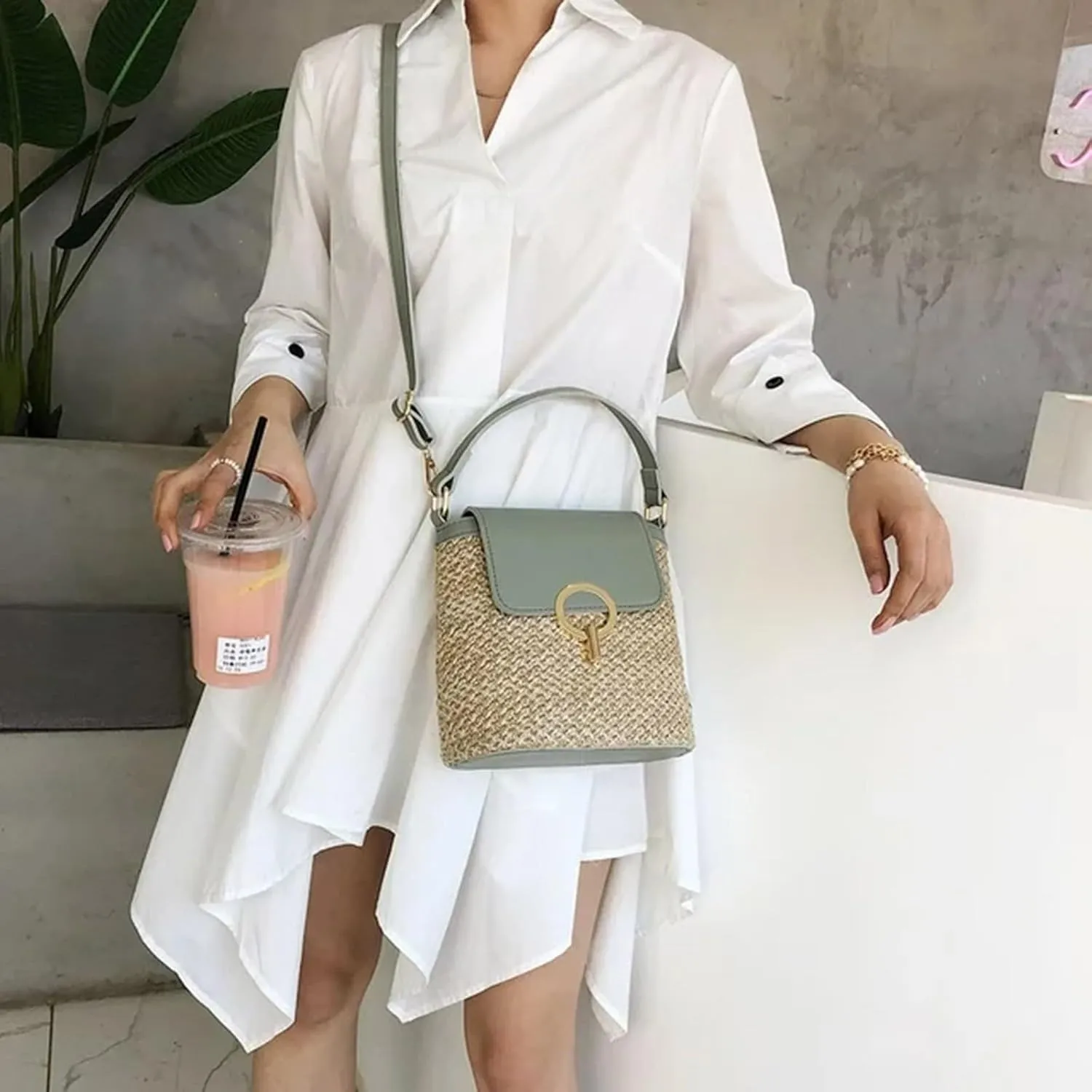 Straw Weave Women Ladies Bucket Handbags Summer Beach Shoulder Bags Mini Messenger Bag (C, One Size)