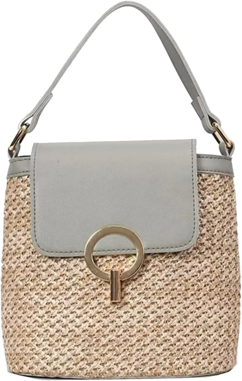 Straw Weave Women Ladies Bucket Handbags Summer Beach Shoulder Bags Mini Messenger Bag (C, One Size)