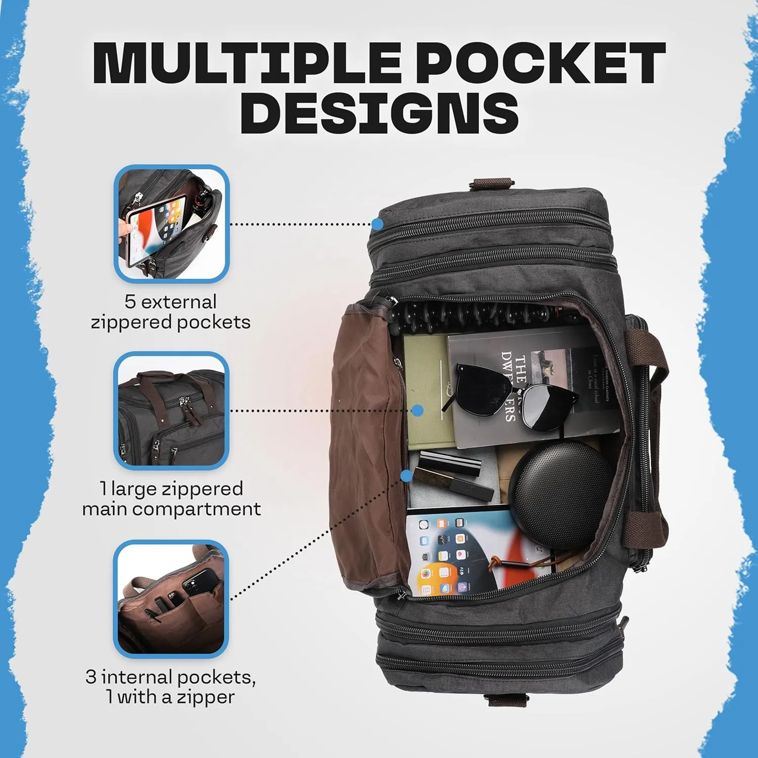 Stylish Duffle Bag for Travel – Expandable to 40L Lightweight and Waterproof Weekender Bag with Multiple Pockets and Adjustable Shoulder Strap for Men & Women – A Premium Carry On Duffle Bag
