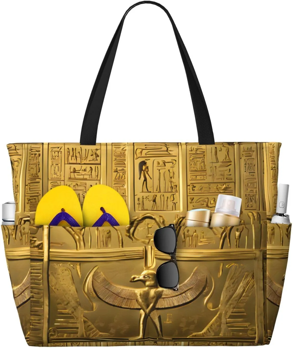 Stylish Egypt Hieroglyphics Large Capacity Beach Tote Bag For Women, Travel Pool Shoulder Bag With Zipper