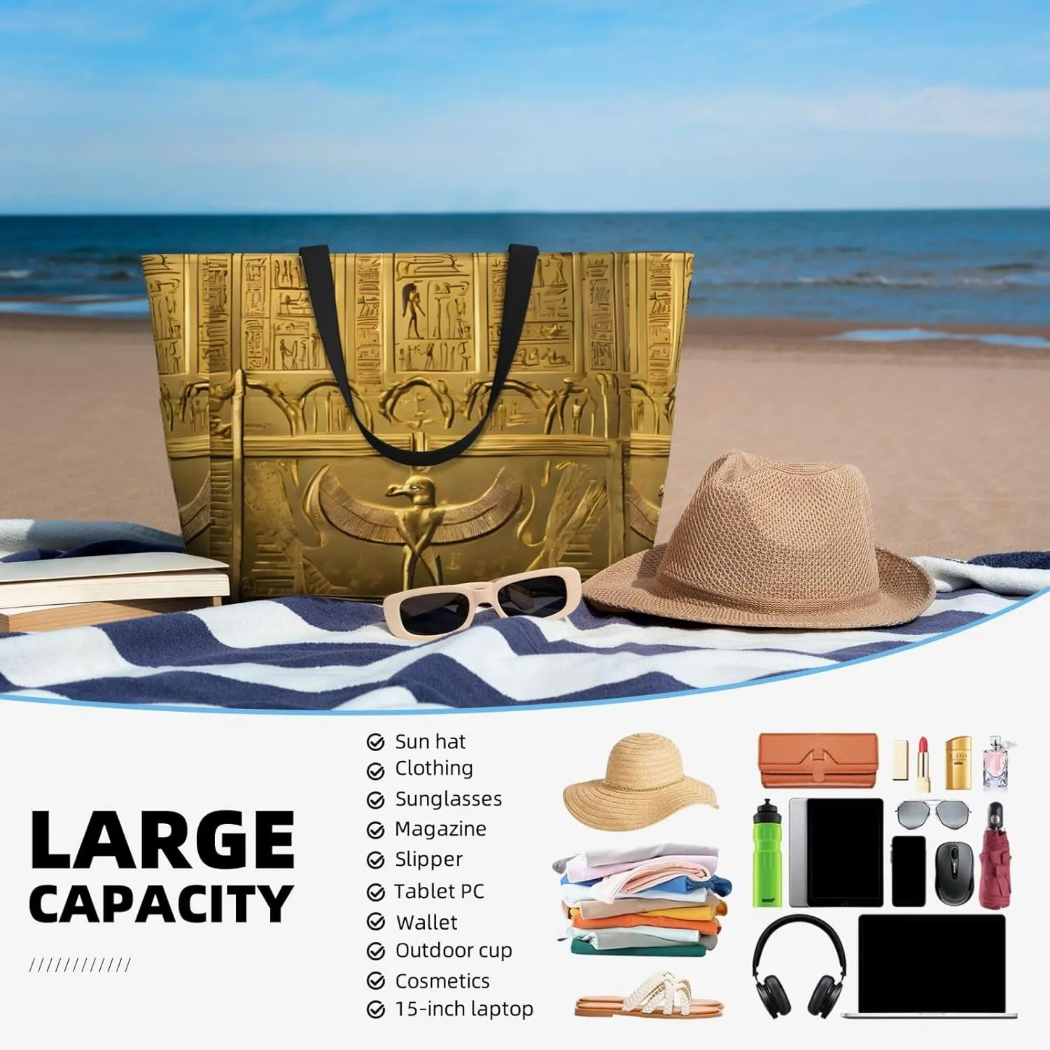 Stylish Egypt Hieroglyphics Large Capacity Beach Tote Bag For Women, Travel Pool Shoulder Bag With Zipper