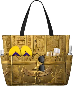 Stylish Egypt Hieroglyphics Large Capacity Beach Tote Bag For Women, Travel Pool Shoulder Bag With Zipper