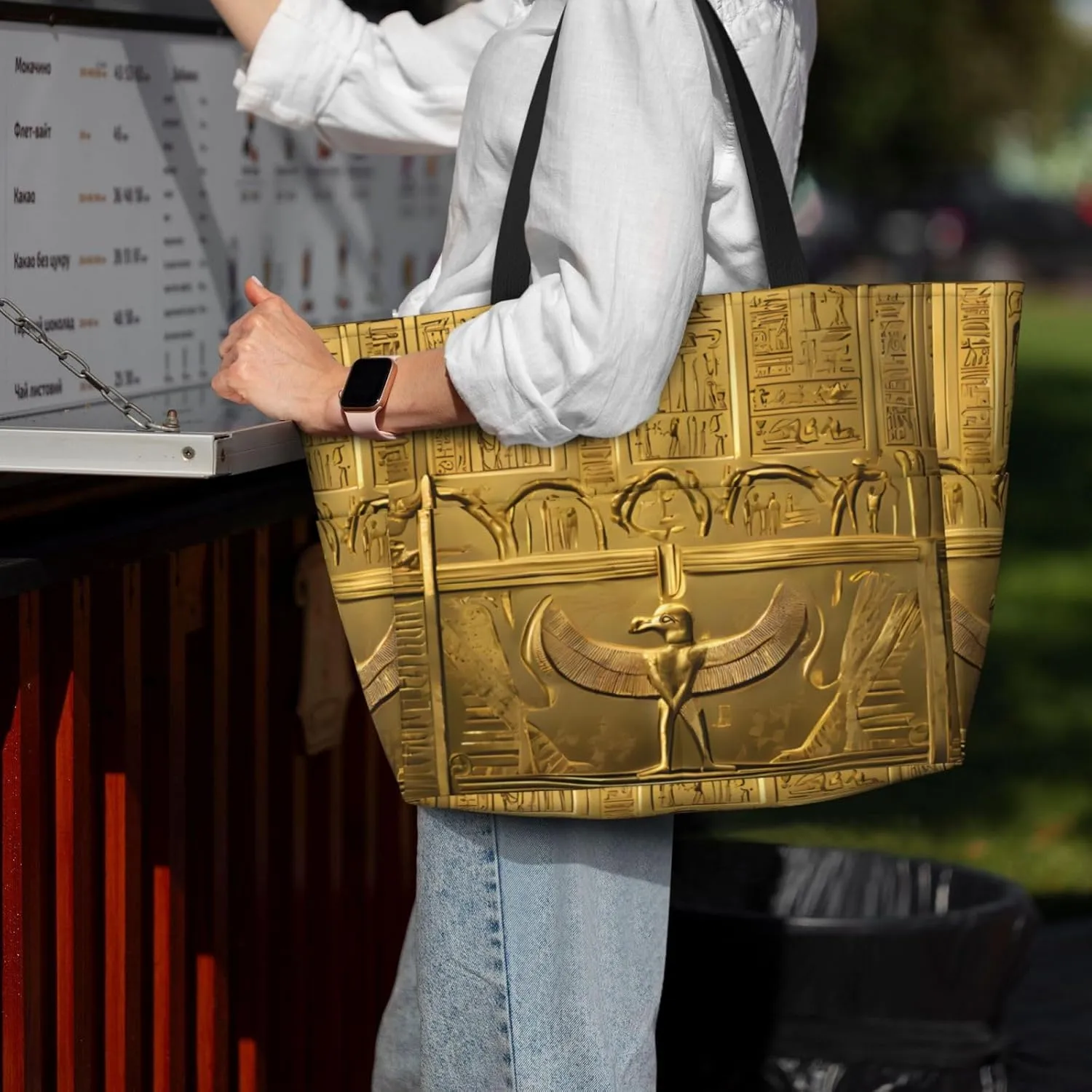 Stylish Egypt Hieroglyphics Large Capacity Beach Tote Bag For Women, Travel Pool Shoulder Bag With Zipper