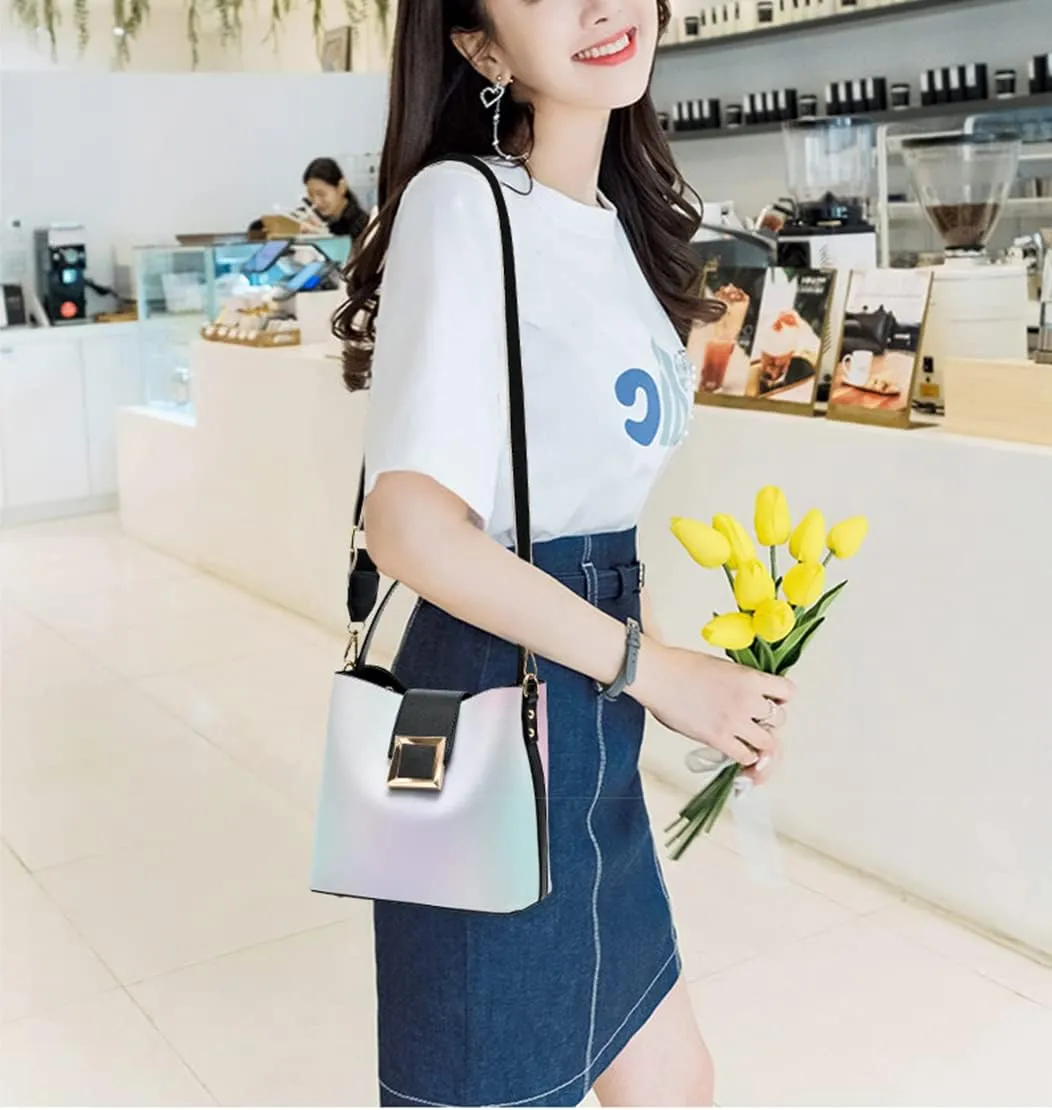 Stylish Two-Toned Crossbody Bucket Bag for Women - Medium Leather Satchel Handbag with Wide Strap (White)