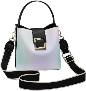 Stylish Two-Toned Crossbody Bucket Bag for Women - Medium Leather Satchel Handbag with Wide Strap (White)