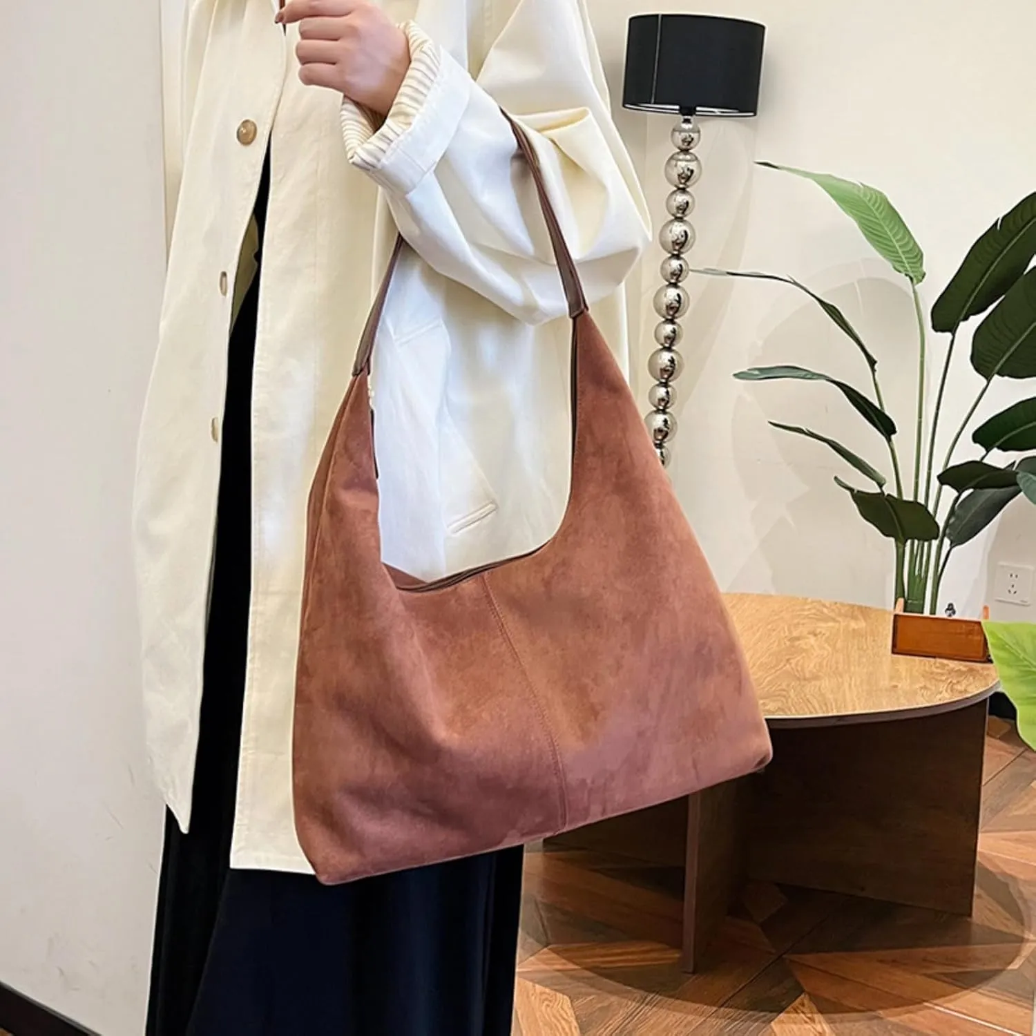 Suede Tote Bag Women Fall Winter Vintage Casual Handbag PU Strap Zip Slip Pocket Matte Shoulder Bag