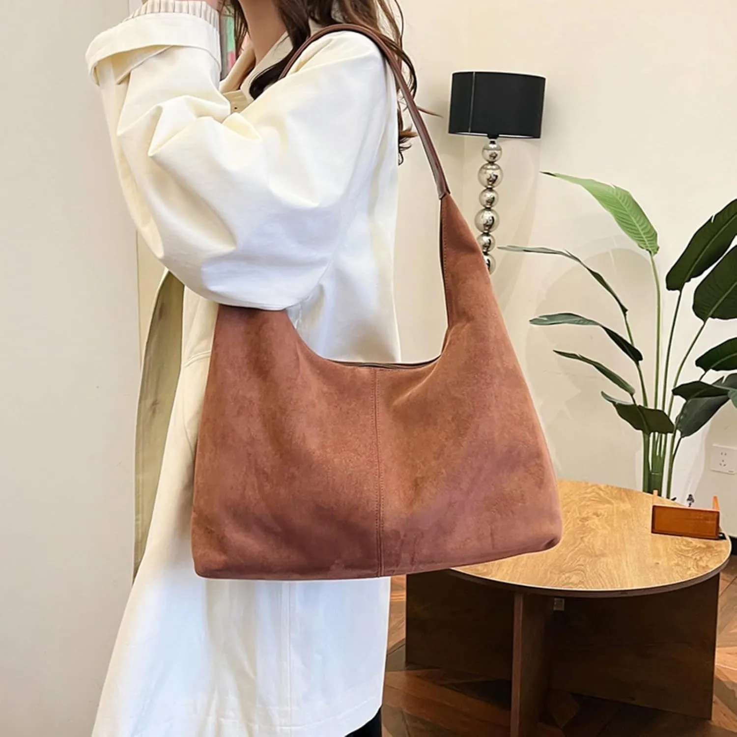 Suede Tote Bag Women Fall Winter Vintage Casual Handbag PU Strap Zip Slip Pocket Matte Shoulder Bag