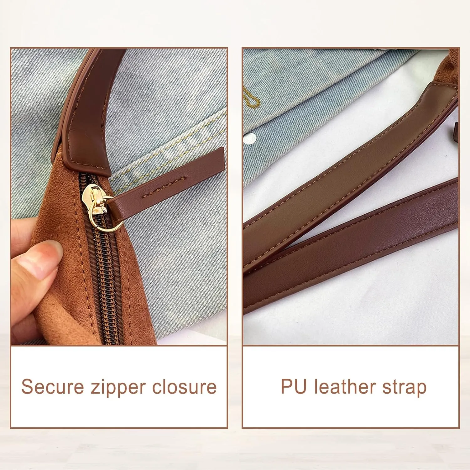 Suede Tote Bag Women Fall Winter Vintage Casual Handbag PU Strap Zip Slip Pocket Matte Shoulder Bag