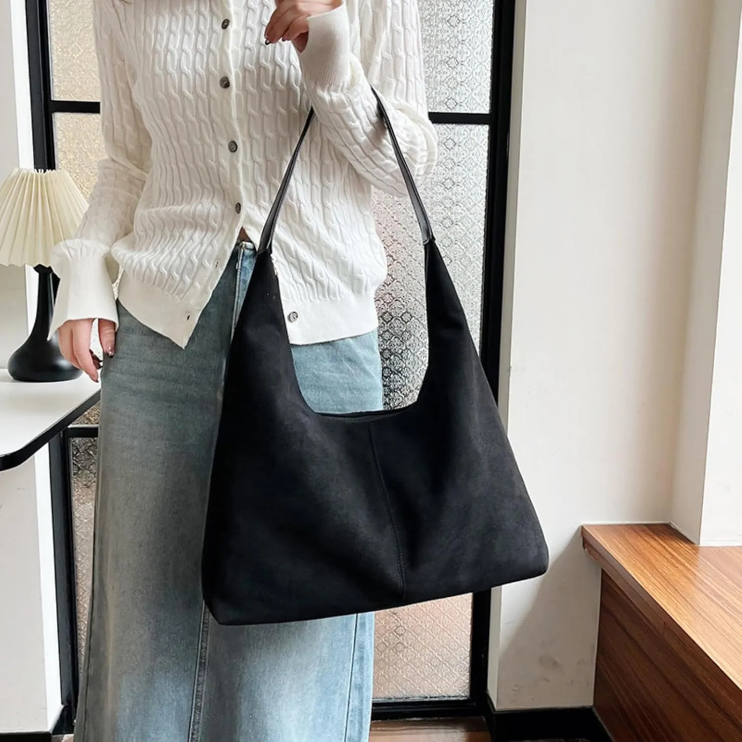 Suede Tote Bag Women Fall Winter Vintage Casual Handbag PU Strap Zip Slip Pocket Matte Shoulder Bag