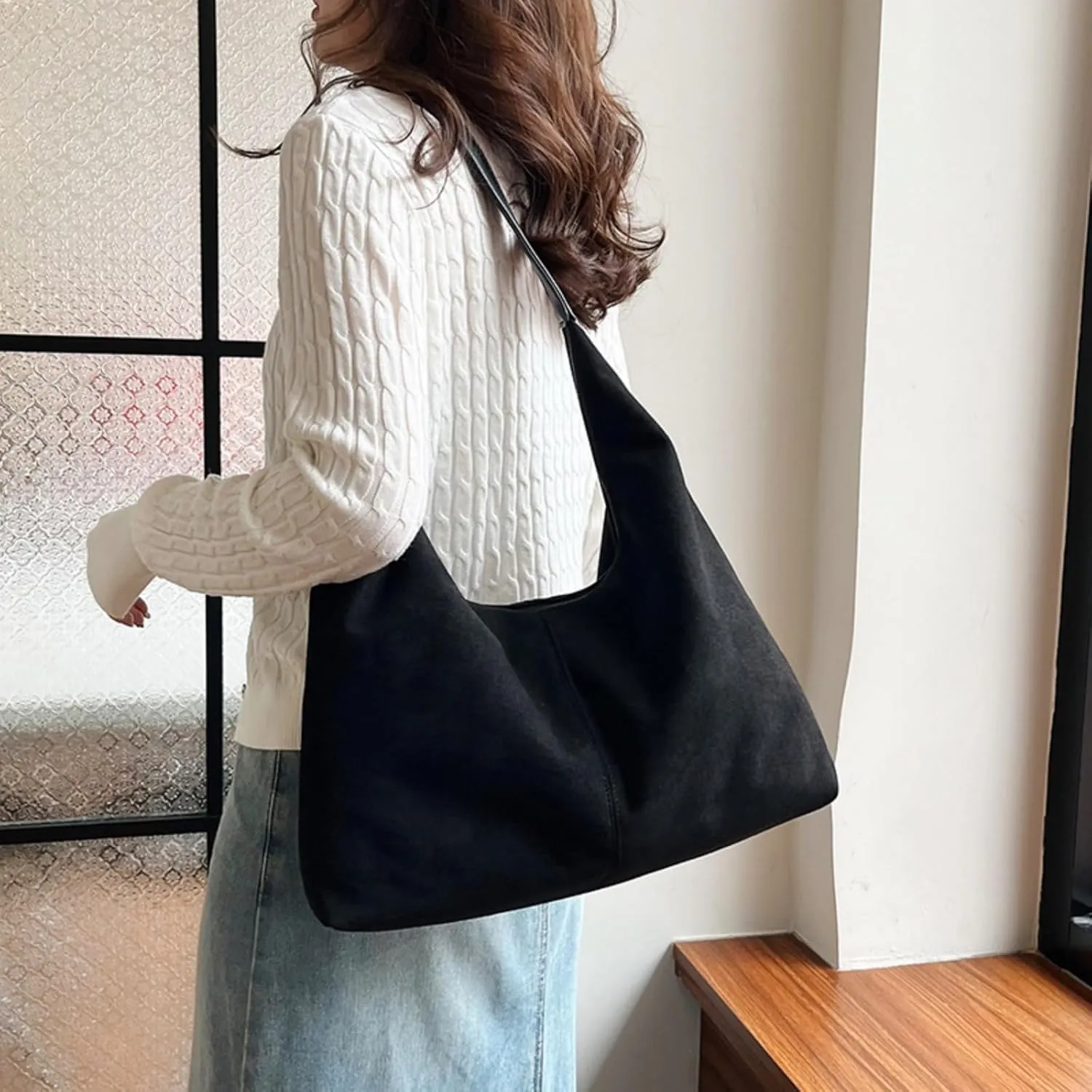 Suede Tote Bag Women Fall Winter Vintage Casual Handbag PU Strap Zip Slip Pocket Matte Shoulder Bag