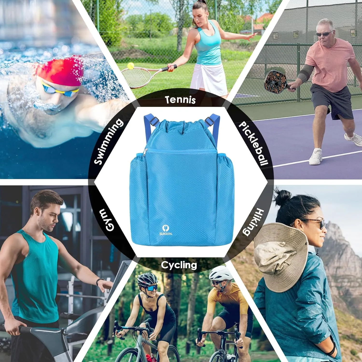 Sukeen Drawstring Backpack Swim Bag Lightweight String Backpack for Beach Pickleball Swimming Pool Gym Workout Gear Sport