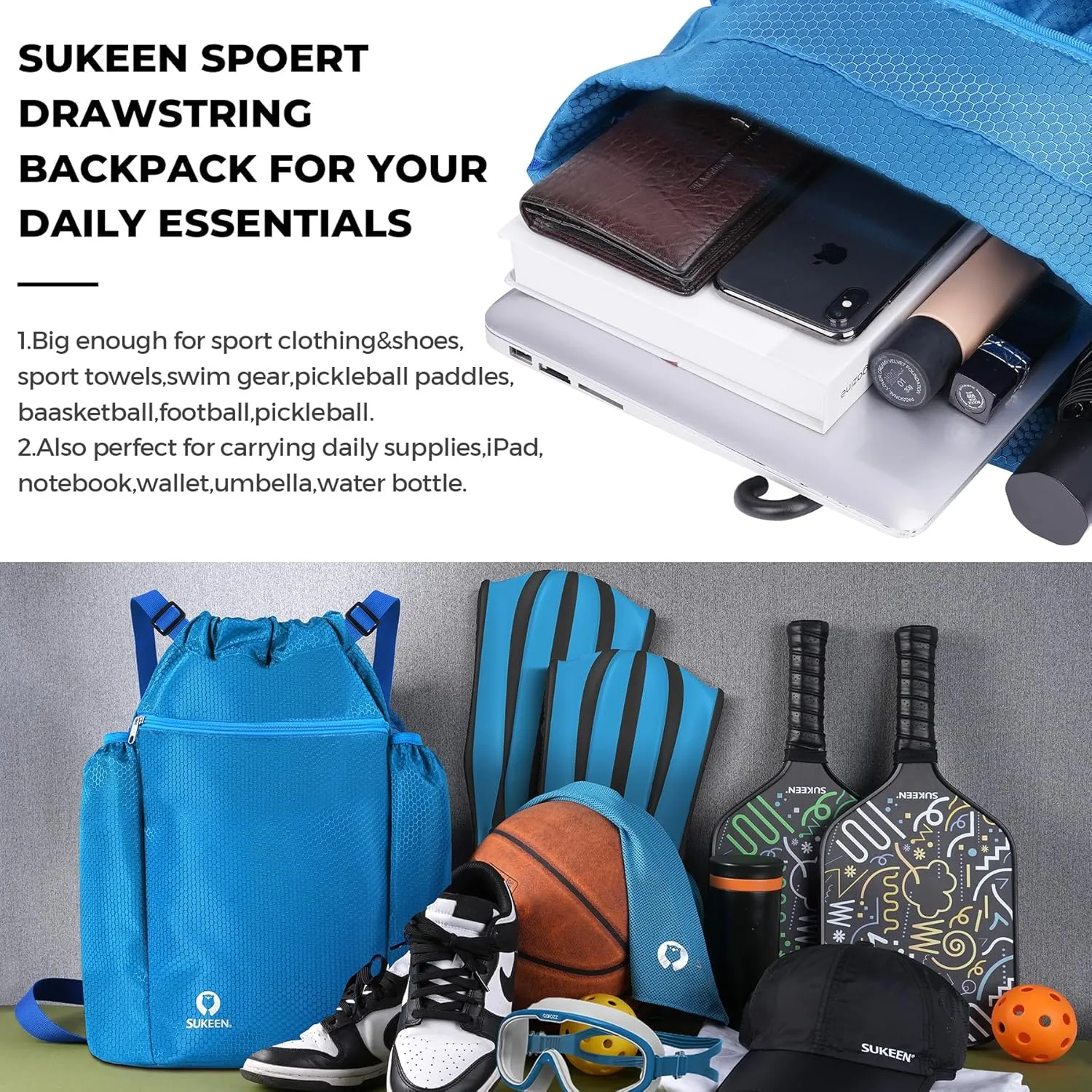 Sukeen Drawstring Backpack Swim Bag Lightweight String Backpack for Beach Pickleball Swimming Pool Gym Workout Gear Sport
