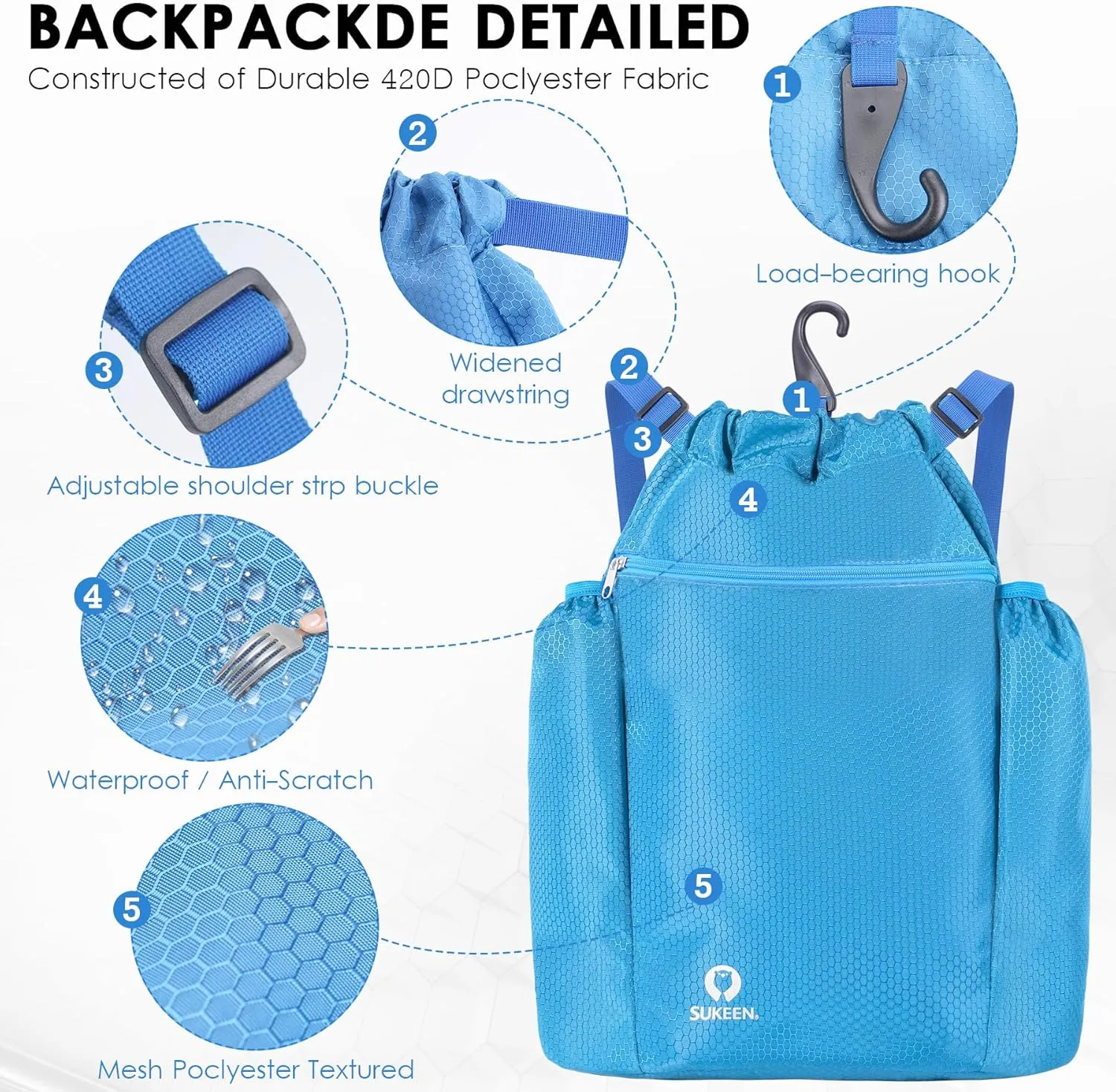 Sukeen Drawstring Backpack Swim Bag Lightweight String Backpack for Beach Pickleball Swimming Pool Gym Workout Gear Sport