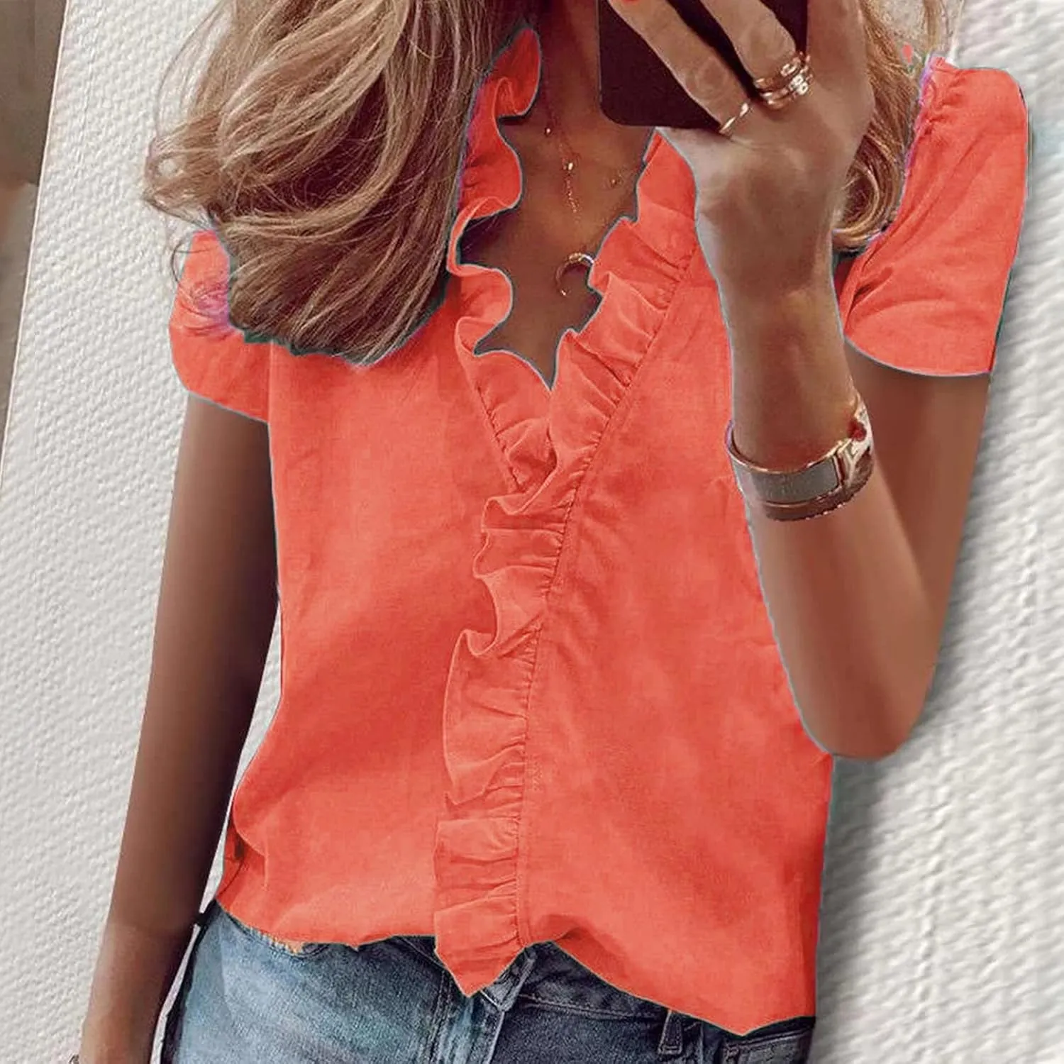 Summer Shirts for Women,Fashion Solid Loose-fit Blouse Elegant Ruffle V-Neck T-Shirt Business Casual Top for Work