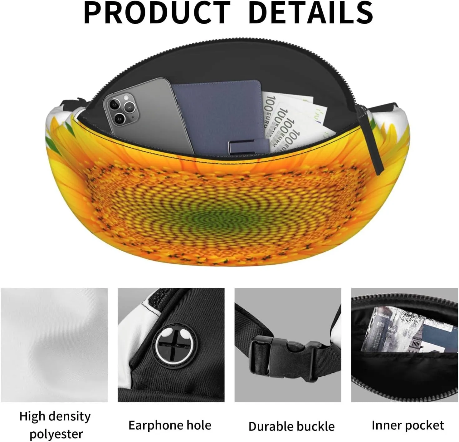 Sunflower White Fanny Pack, Crossbody Waist Packs for Women Men Waist Bags with Adjustable Strap for Travel Running Hiking Sport