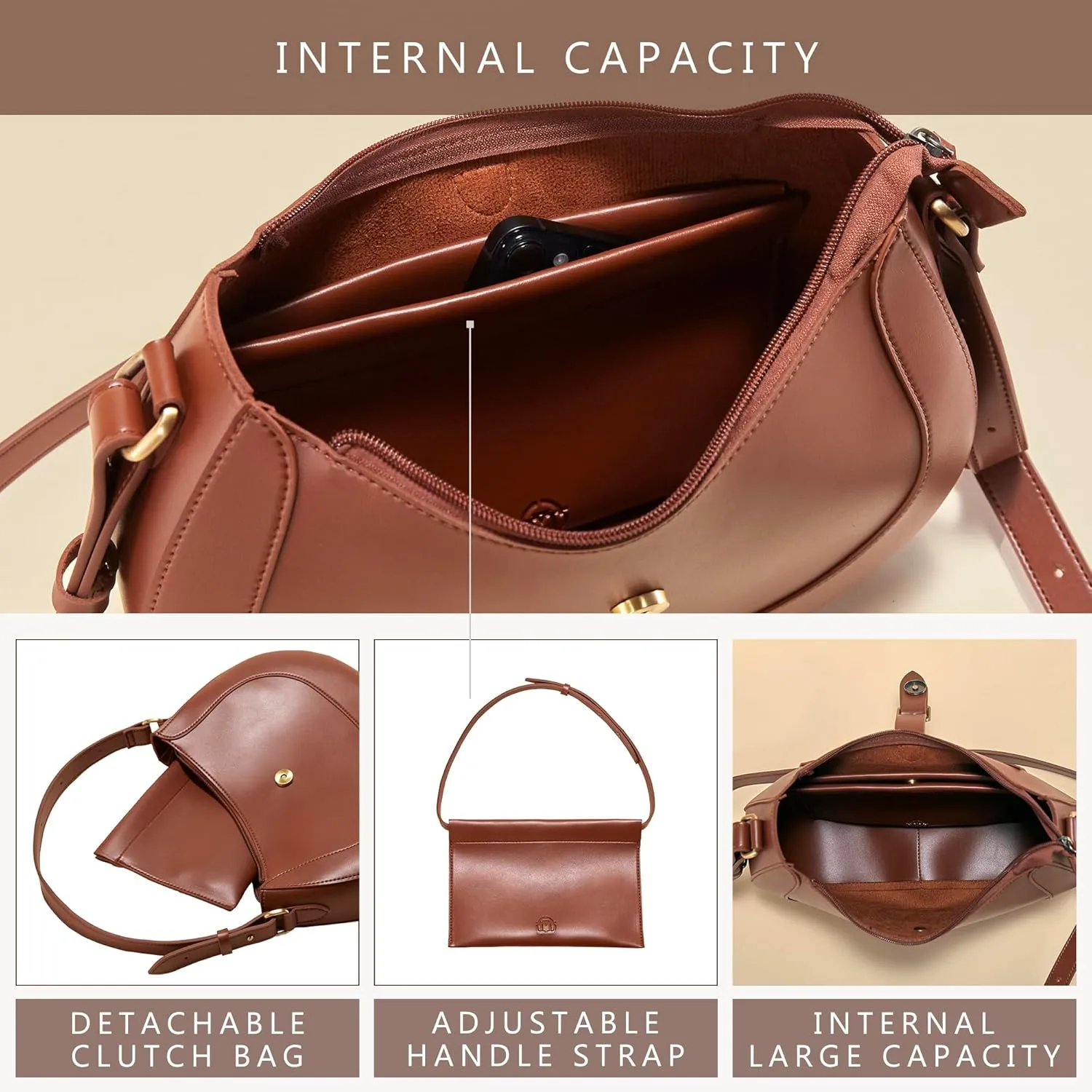 SUNLIGHT LEAVES Vintage Vegan Leather Crescent Hobo Bag For Women Lunar Shoulder Purse Satchel Under Arm Lady Handbag