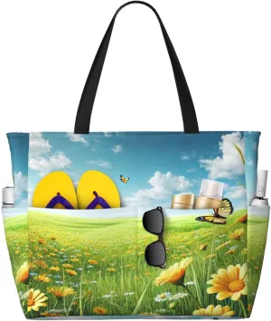 Sunny Meadow Print 28L Beach Tote Bag, Water-resistant Travel Tote, Lightweight Gym & Camping Carryall