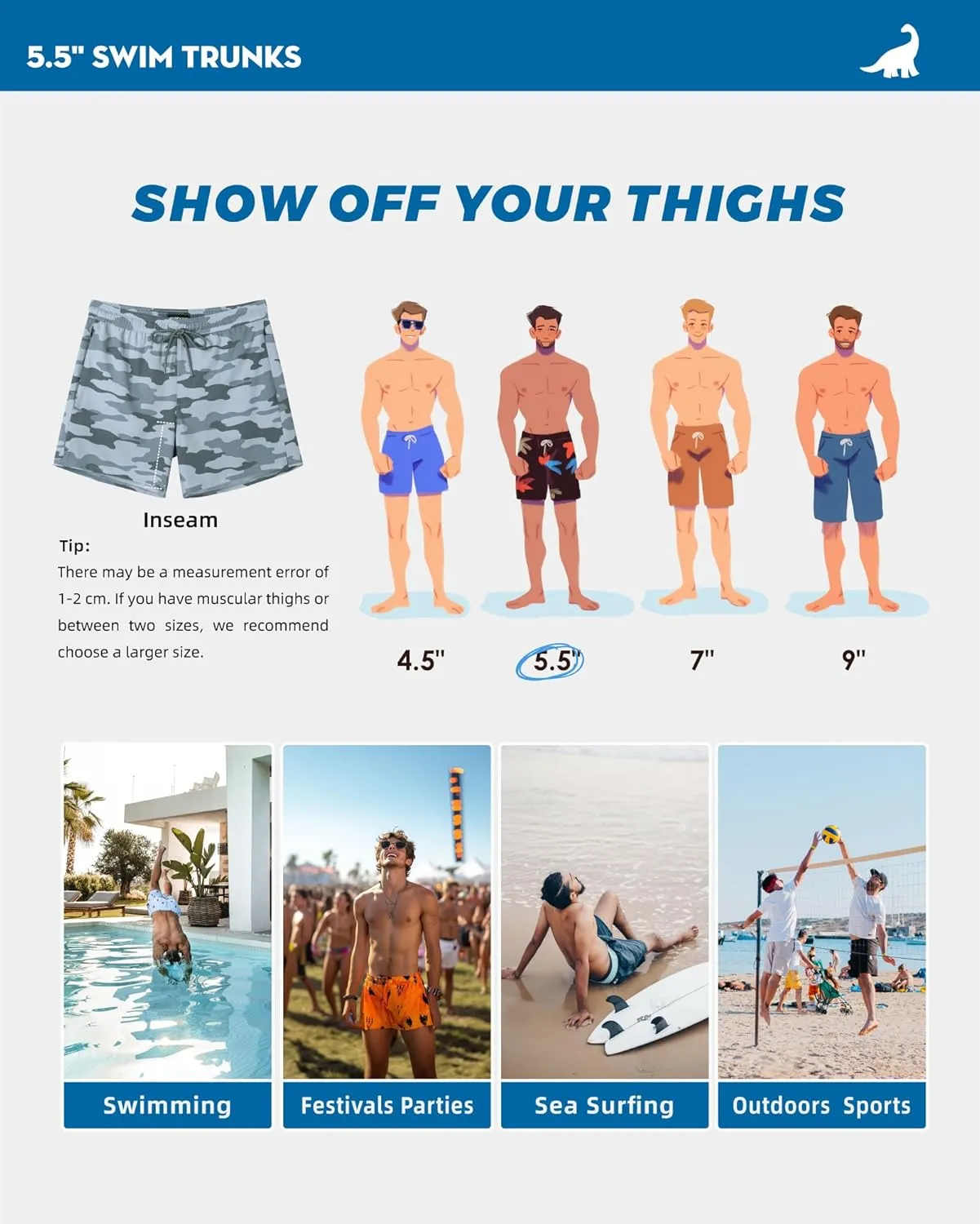 SURF CUZ Mens Swim Trunks with Compression Liner 5" Swim Shorts Quick Dry Bathing Suit Swimming Trunks Zipper Pockets