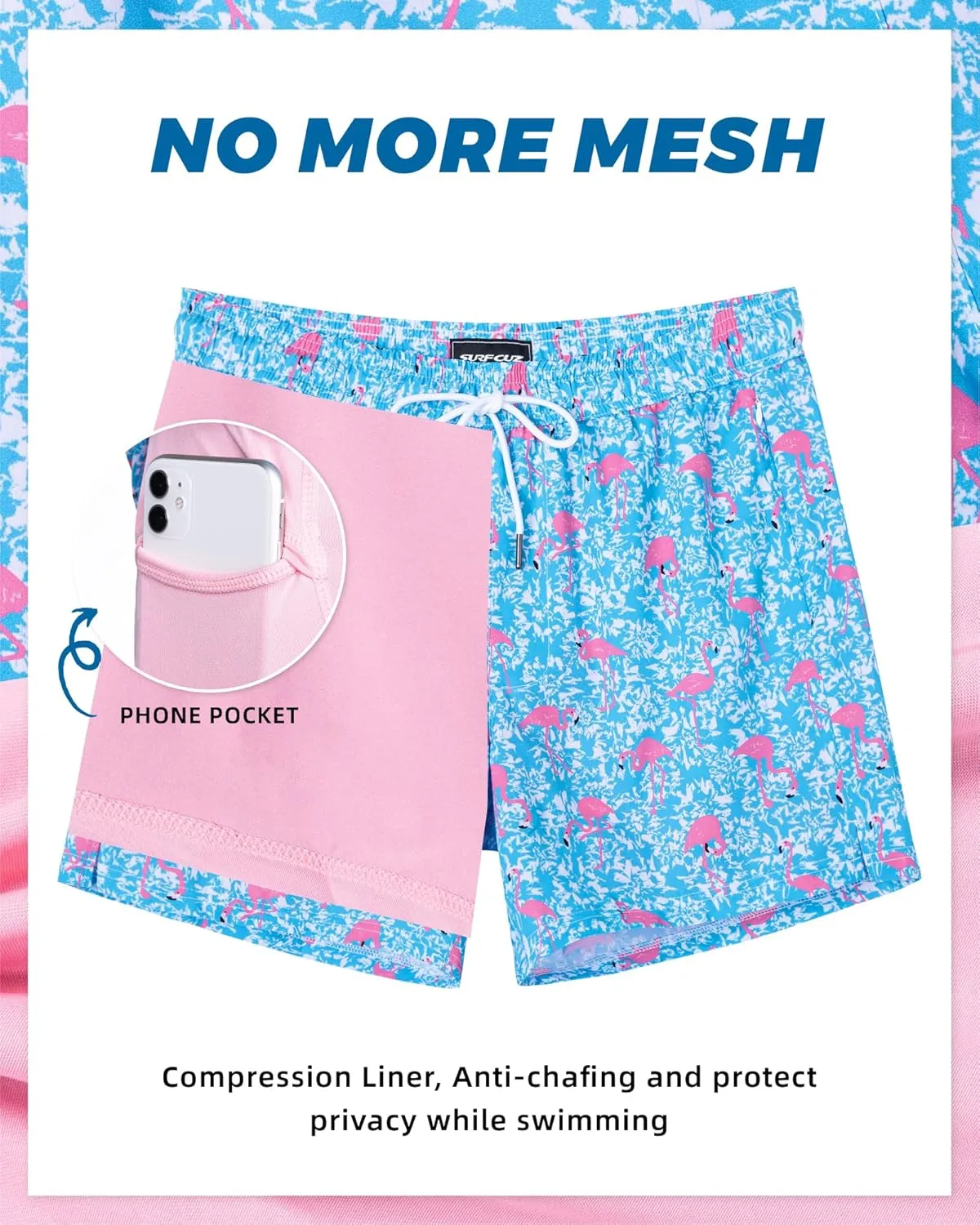 SURF CUZ Mens Swim Trunks with Compression Liner 5" Swim Shorts Quick Dry Bathing Suit Swimming Trunks Zipper Pockets