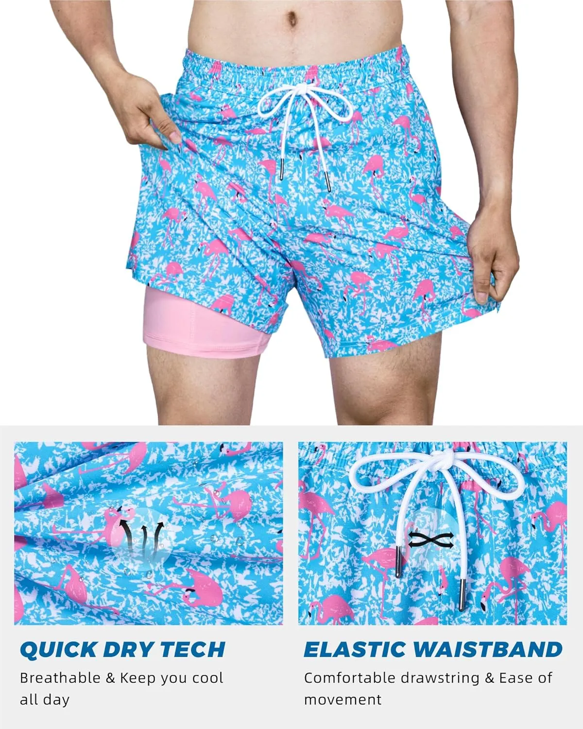 SURF CUZ Mens Swim Trunks with Compression Liner 5" Swim Shorts Quick Dry Bathing Suit Swimming Trunks Zipper Pockets