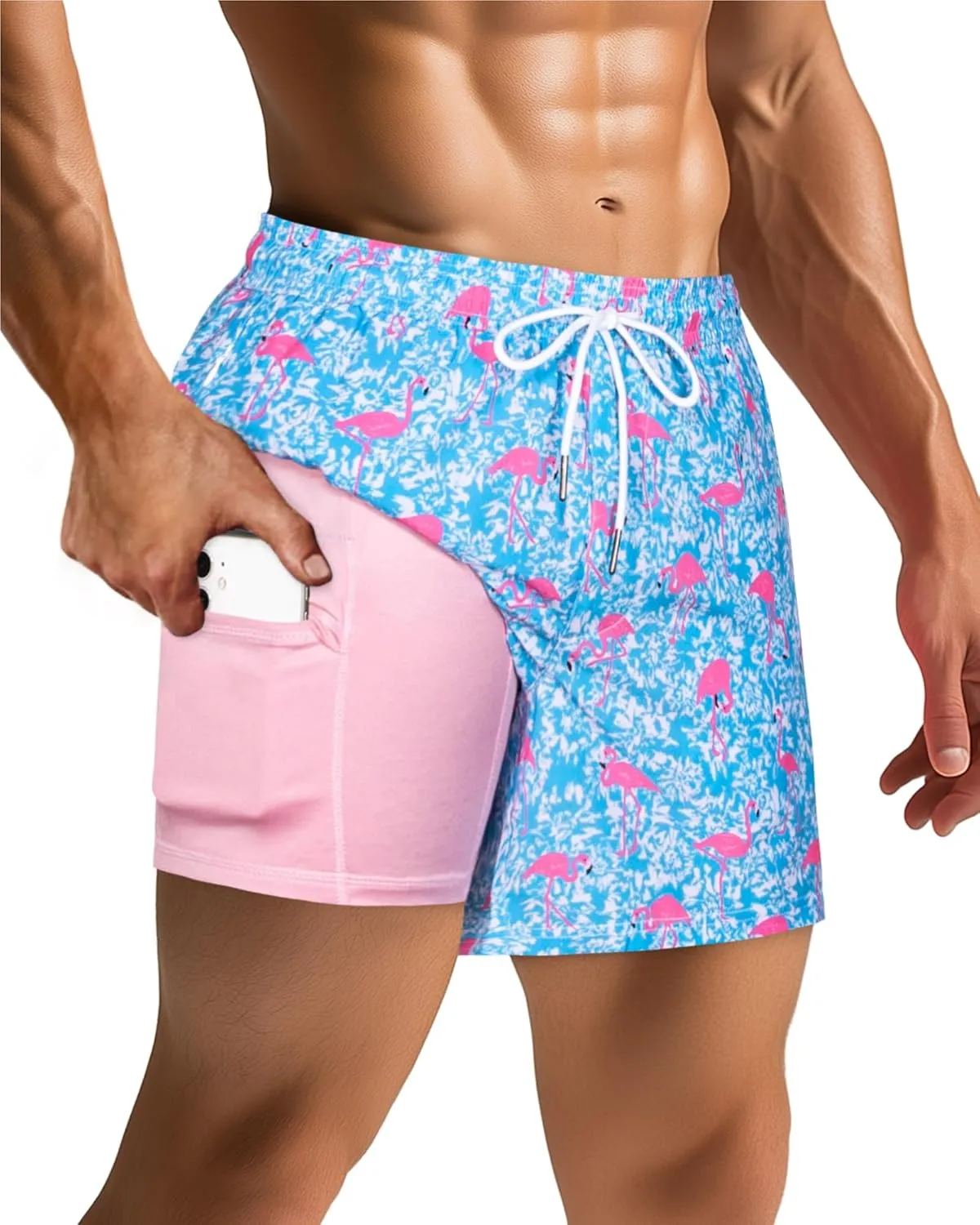 SURF CUZ Mens Swim Trunks with Compression Liner 5" Swim Shorts Quick Dry Bathing Suit Swimming Trunks Zipper Pockets