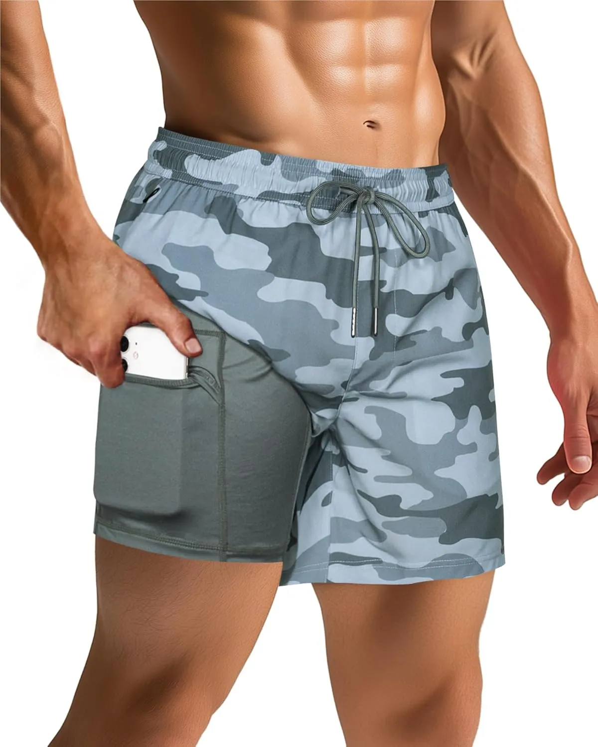 SURF CUZ Mens Swim Trunks with Compression Liner 5" Swim Shorts Quick Dry Bathing Suit Swimming Trunks Zipper Pockets