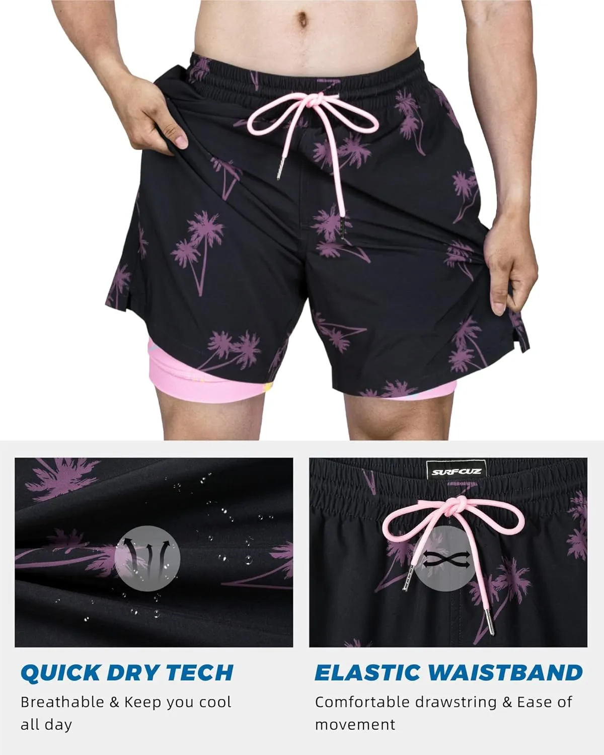 SURF CUZ Mens Swim Trunks with Compression Liner Swim Shorts 7" Swimming Trunks Stretch 7 Inch Swim Suits Quick Dry
