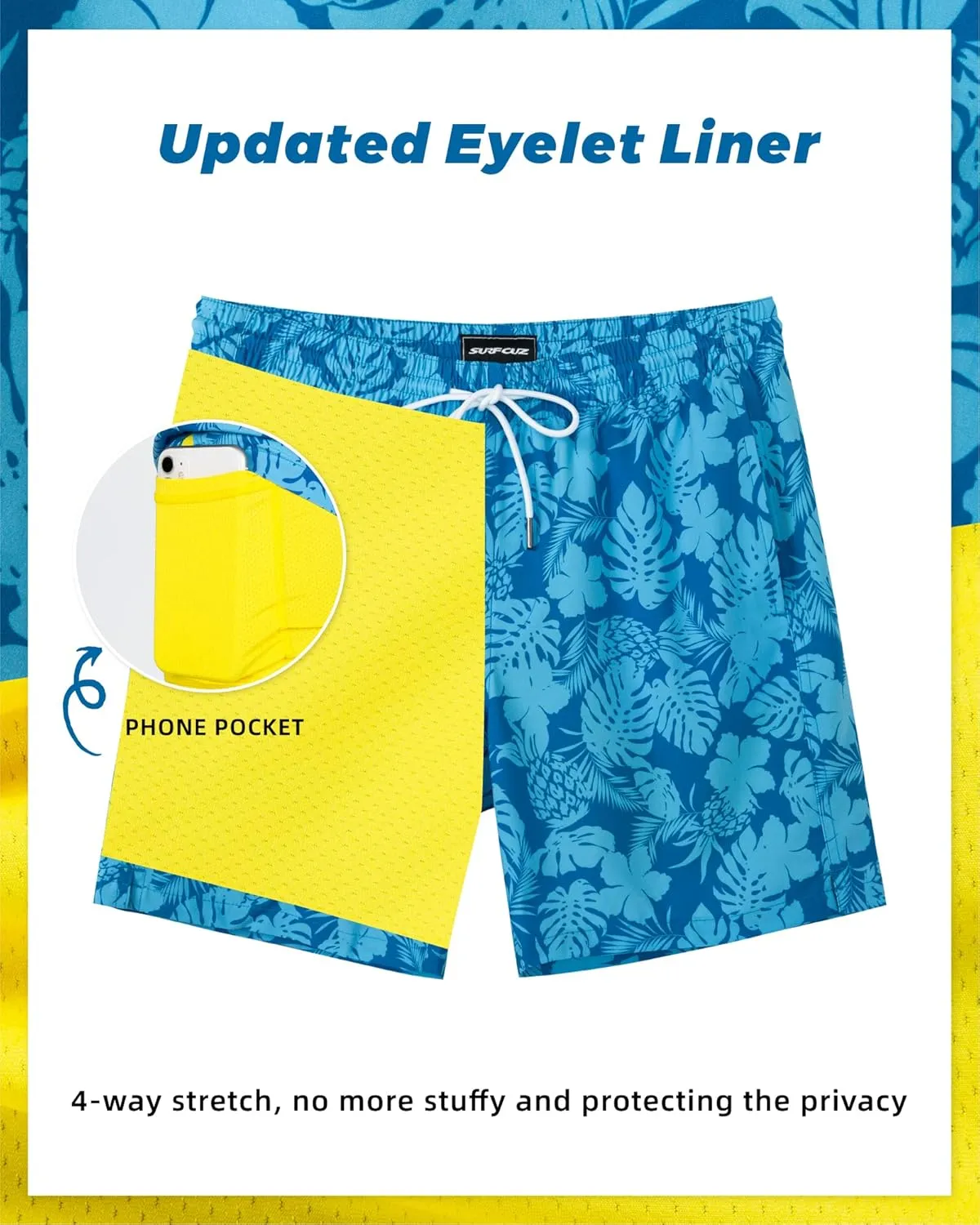 SURF CUZ Mens Swim Trunks with Compression Liner Swim Shorts 7" Swimming Trunks Stretch 7 Inch Swim Suits Quick Dry