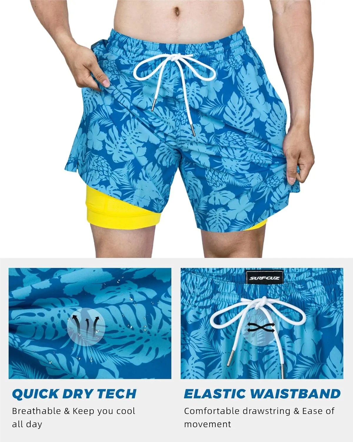 SURF CUZ Mens Swim Trunks with Compression Liner Swim Shorts 7" Swimming Trunks Stretch 7 Inch Swim Suits Quick Dry