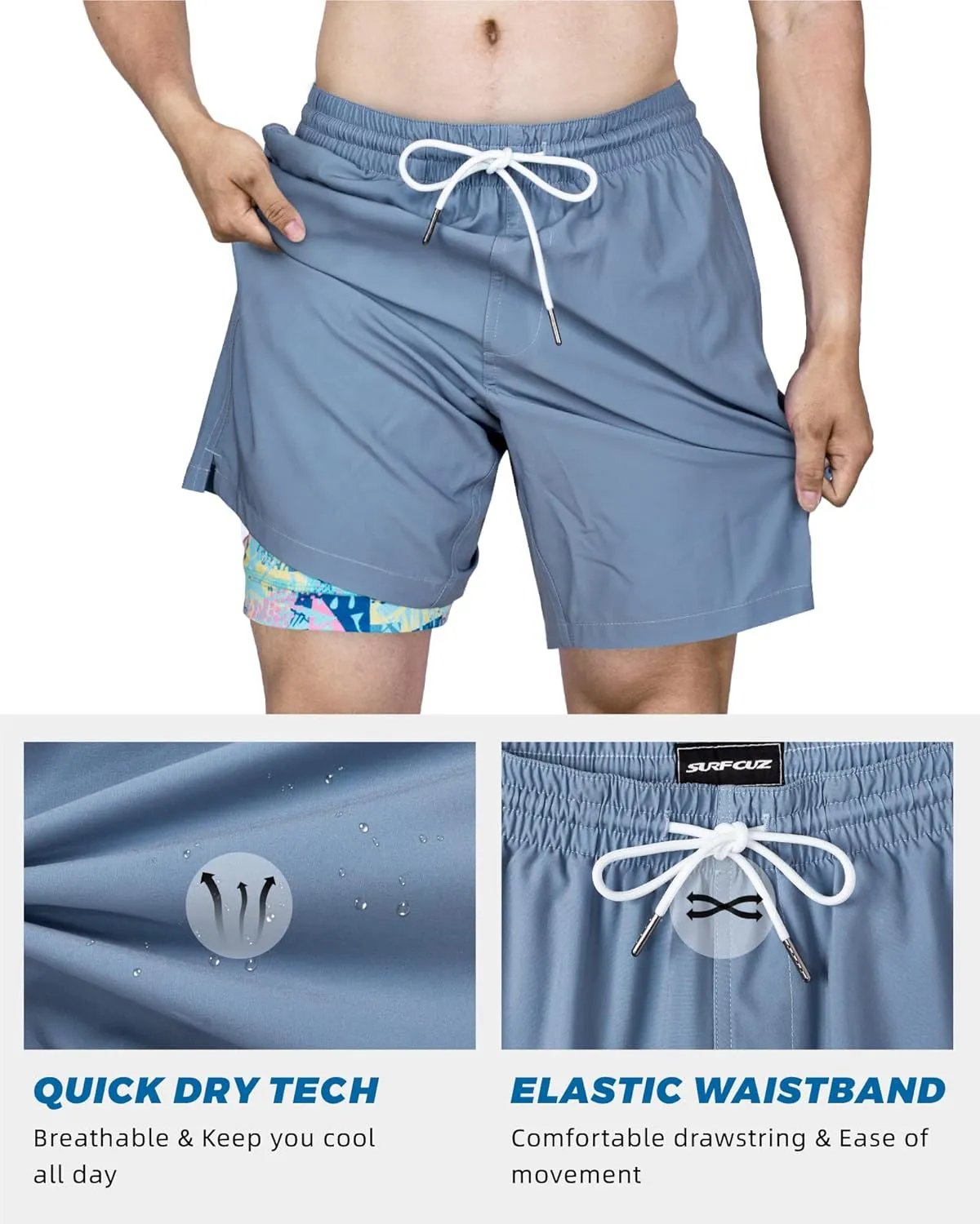 SURF CUZ Mens Swim Trunks with Compression Liner Swim Shorts 7" Swimming Trunks Stretch 7 Inch Swim Suits Quick Dry