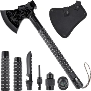 Survival Axe 10 in 1, Outdoor Adventure Tactical Axe, Sharp Camping Hatchet with Outdoor Knife, Compass and Hammer, Multi-Purpose Tool for Forest Travel, Hunting and Camping