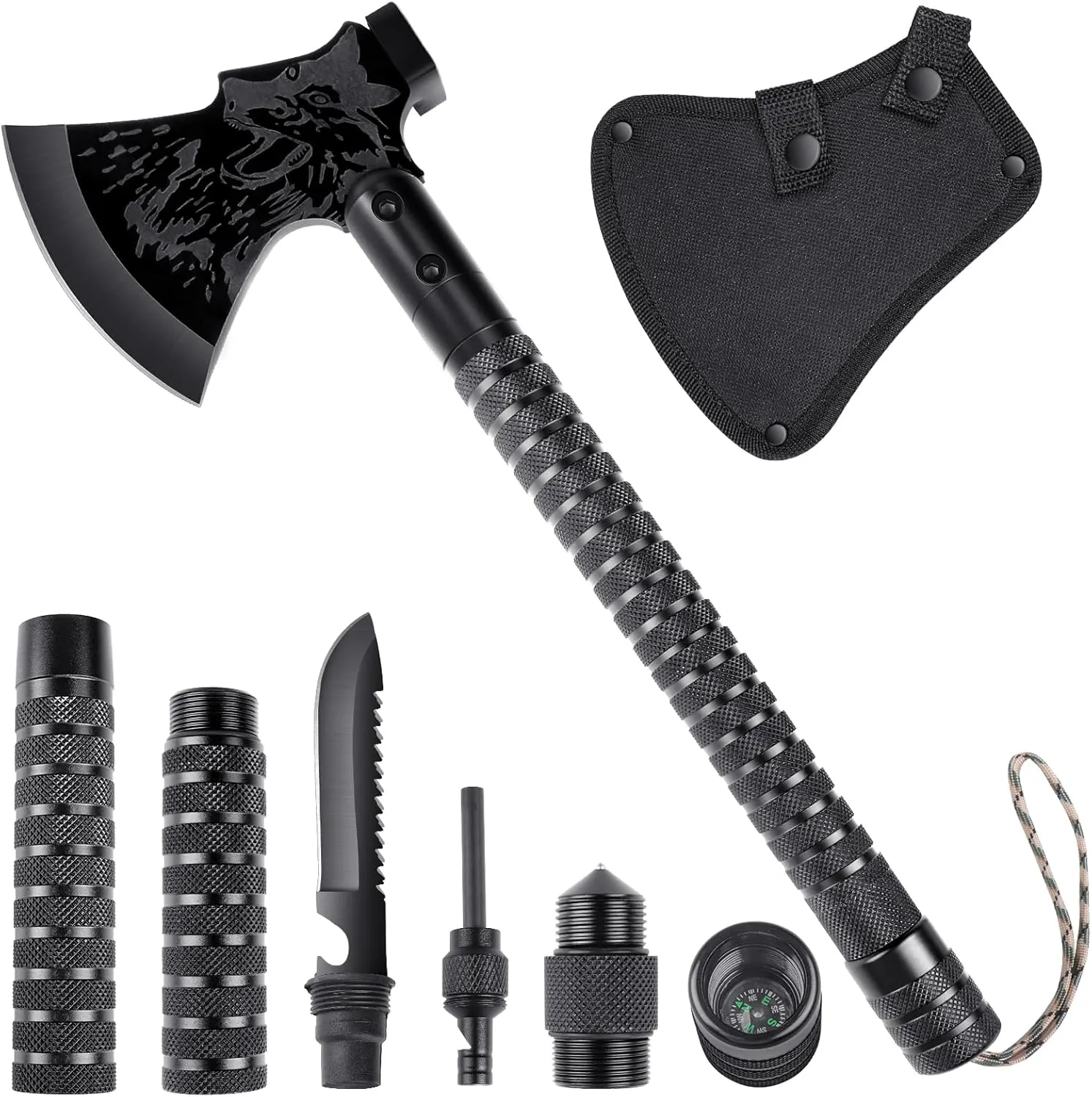 Survival Axe 10 in 1, Outdoor Adventure Tactical Axe, Sharp Camping Hatchet with Outdoor Knife, Compass and Hammer, Multi-Purpose Tool for Forest Travel, Hunting and Camping