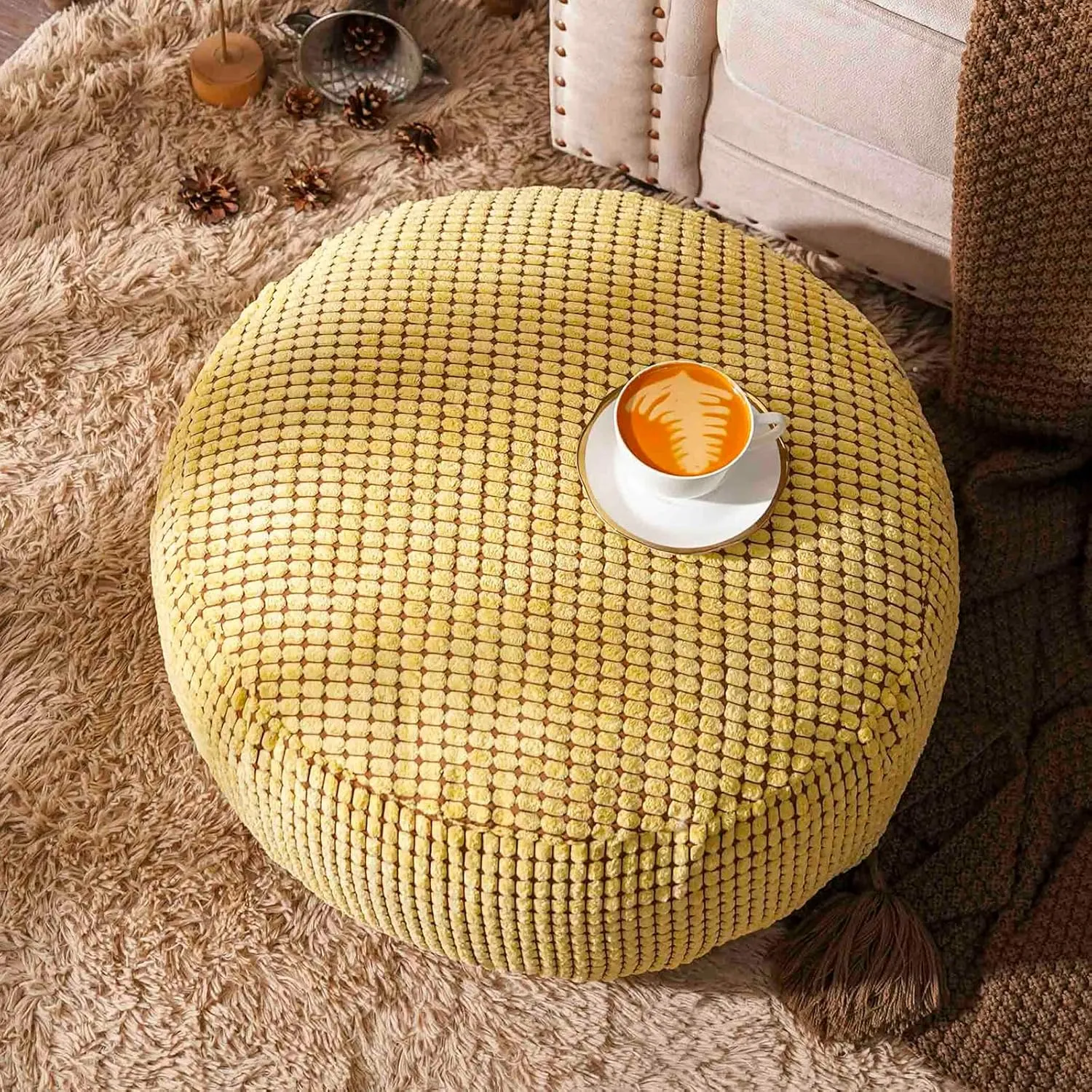 SUTAVIA Pouf Ottoman Cover Unstuffed Pouf Seat Decorative Soft Storage Bean Bag 20x20x8 Inches Square Floor Footrest for Living Room Bedroom (Yellow, Round)