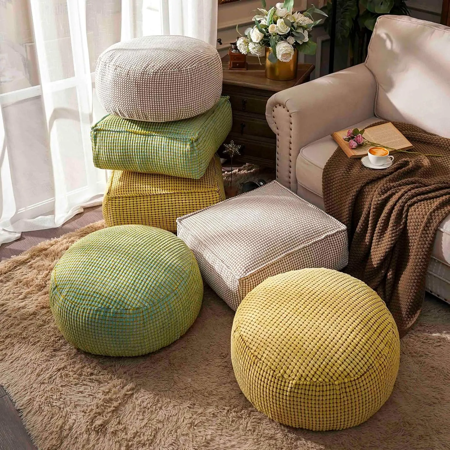 SUTAVIA Pouf Ottoman Cover Unstuffed Pouf Seat Decorative Soft Storage Bean Bag 20x20x8 Inches Square Floor Footrest for Living Room Bedroom (Yellow, Round)